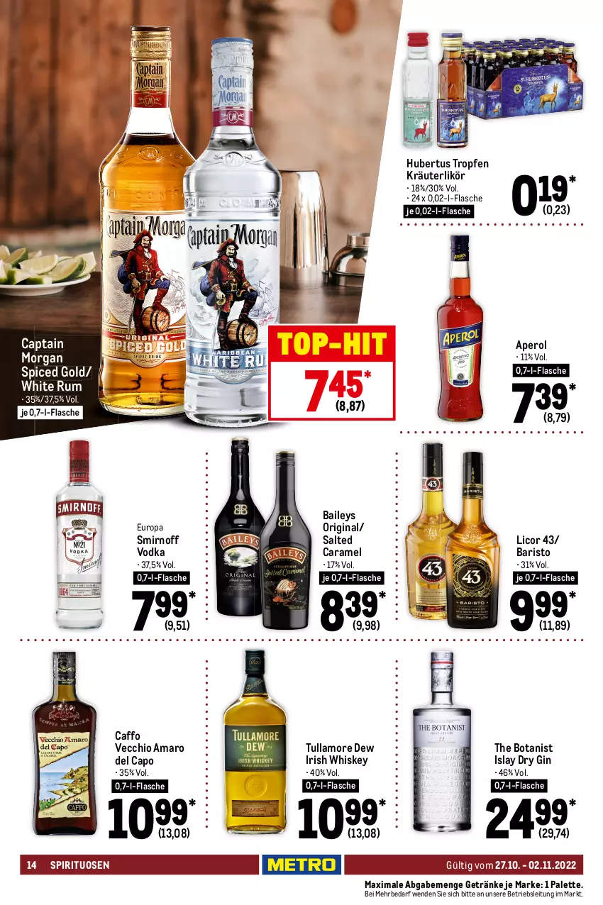 Aktueller Prospekt Metro - Food - von 27.10 bis 02.11.2022 - strona 14 - produkty: alkohol, alkoholfreie getränke, Alwa, amaro, Amaro del Capo, aperol, baileys, Benediktiner, bier, Cap, captain morgan, caramel, coca-cola, cola, drink, dry gin, eis, eistee, energy drink, flasche, getränk, getränke, gin, Hefe, irish whiskey, kräuter, kräuterlikör, licor, licor 43, likör, mineralwasser, Palette, Paula, paulaner, Rockstar, rum, smirnoff, spirituosen, Staatl. Fachingen, tee, tequila, Ti, top-hit, tullamore, tullamore dew, vodka, wasser, whiskey, white rum