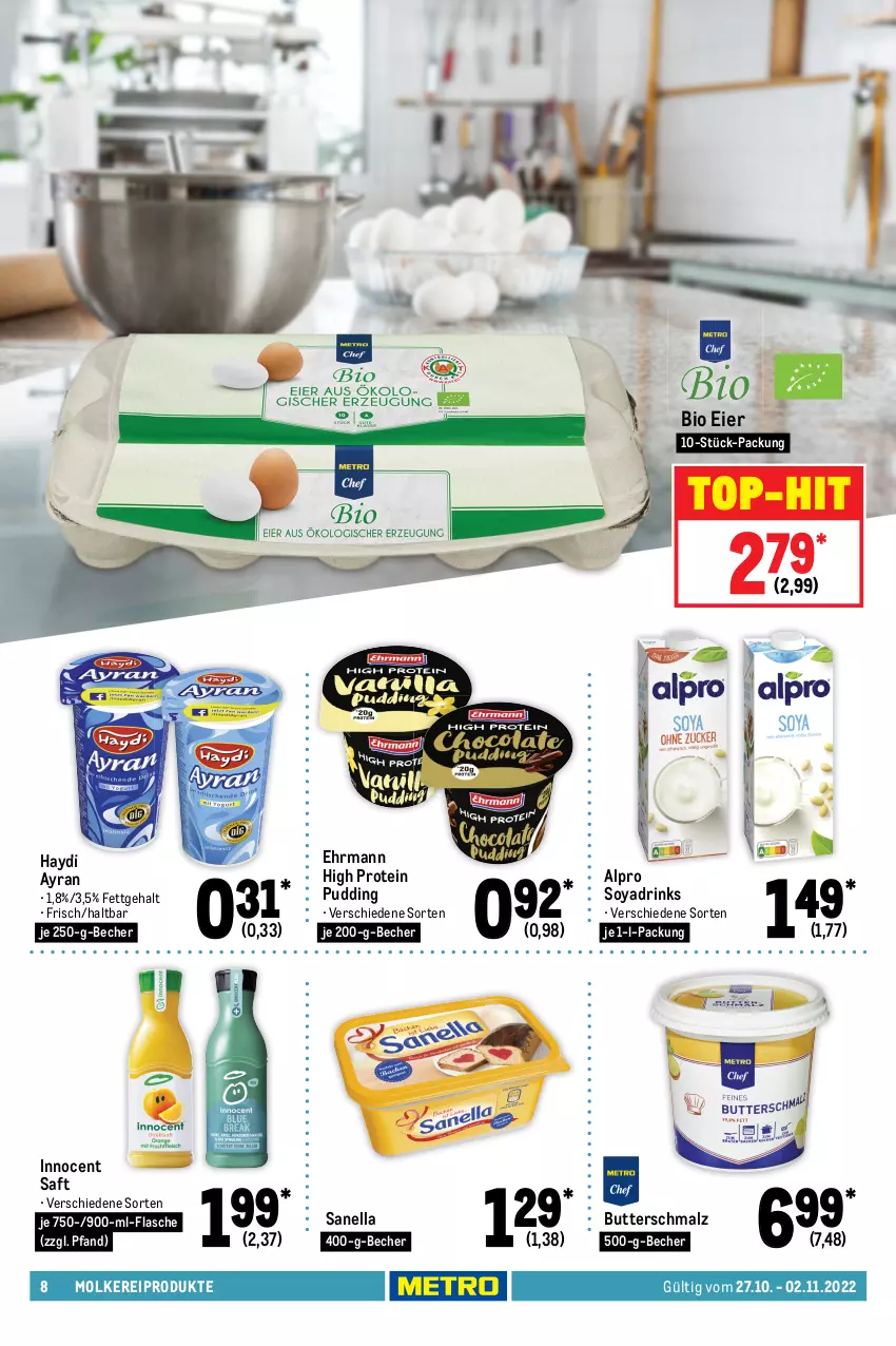 Aktueller Prospekt Metro - Food - von 27.10 bis 02.11.2022 - strona 8 - produkty: alpro, auto, Ayran, beanz, Becher, bio, birkel, blueberry, butter, Butterschmalz, drink, drinks, ehrmann, eier, eis, flasche, heinz, Innocent, kaffee, kondensmilch, konfitüre, Konserven, Kühne, LG, maggi, malz, milch, molkereiprodukte, müsli, natives olivenöl, nuss, olive, oliven, olivenöl, olivenöl extra, pudding, ravioli, reis, saft, sahne, schlemmertöpfchen, Schmalz, Schwartau, soya, teigwaren, Ti, tisch, top-hit, Töpfchen