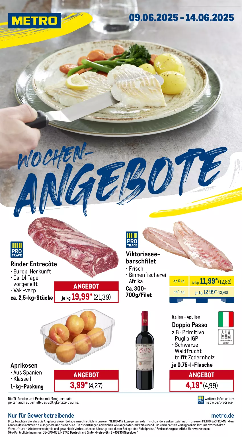 Aktueller Prospekt Metro - Wochen-Angebote - von 09.06 bis 14.06.2025 - strona 1 - produkty: abholpreise, angebot, angebote, aprikose, aprikosen, doppio passo, eis, entrecôte, filet, fisch, fische, Fischer, flasche, frucht, Holz, ilag, Metro, metro gastro, passo, primitivo, Rauch, reis, Ria, rind, rinder, rwe, Schere, Ti, tiefpreis