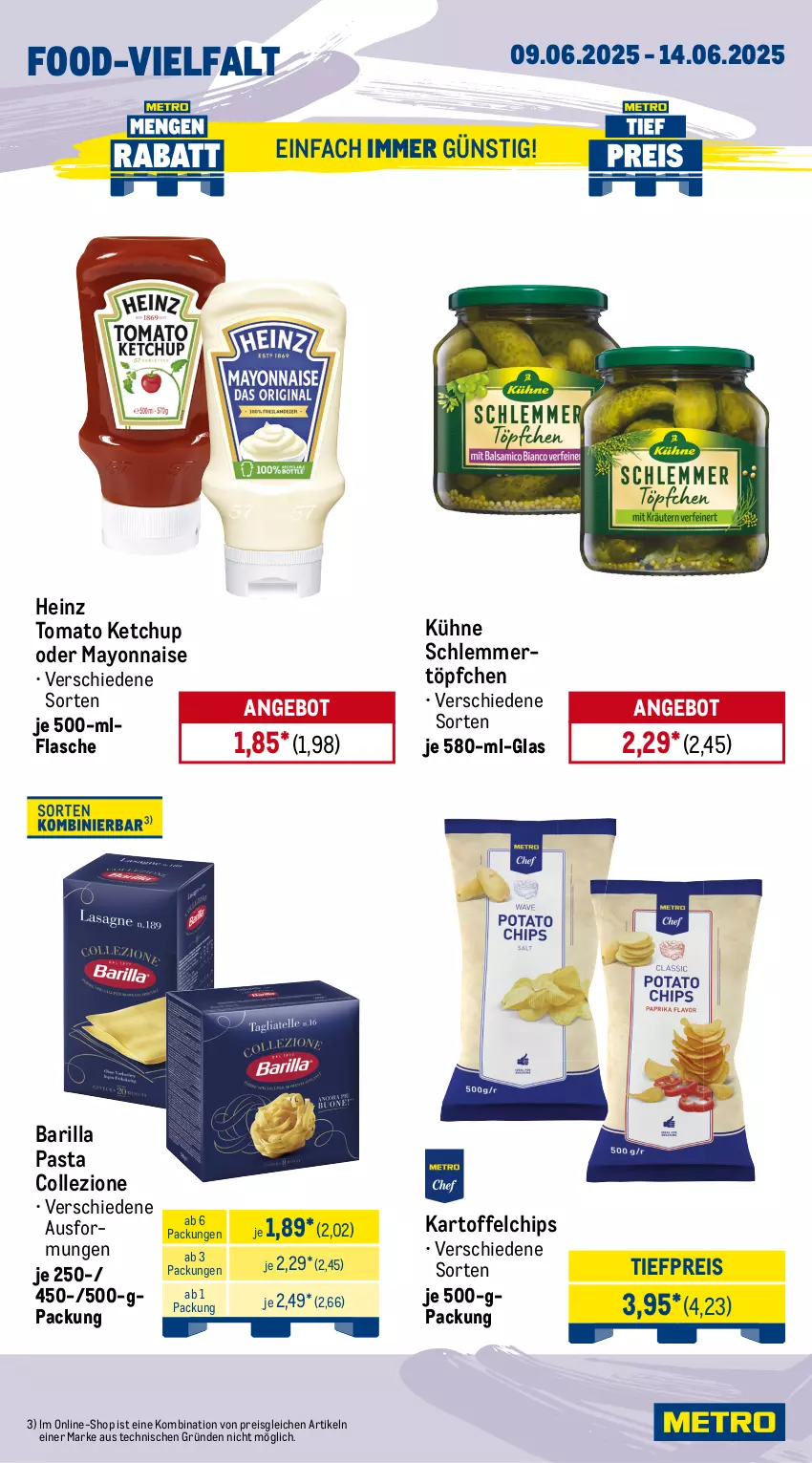 Aktueller Prospekt Metro - Wochen-Angebote - von 09.06 bis 14.06.2025 - strona 11 - produkty: angebot, barilla, beere, beeren, chips, eis, flasche, fleisch, heinz, himbeer, himbeere, himbeeren, kartoffel, kartoffelchips, ketchup, Kühne, langnese, mayonnaise, pasta, prosciutto, Prosciutto di Parma, reis, rind, rindfleisch, schlemmertöpfchen, schnitten, schwein, schweine, Ti, tiefpreis, tomato ketchup, Töpfchen, wein, weine, wiener, wiener würstchen, würstchen, Yo