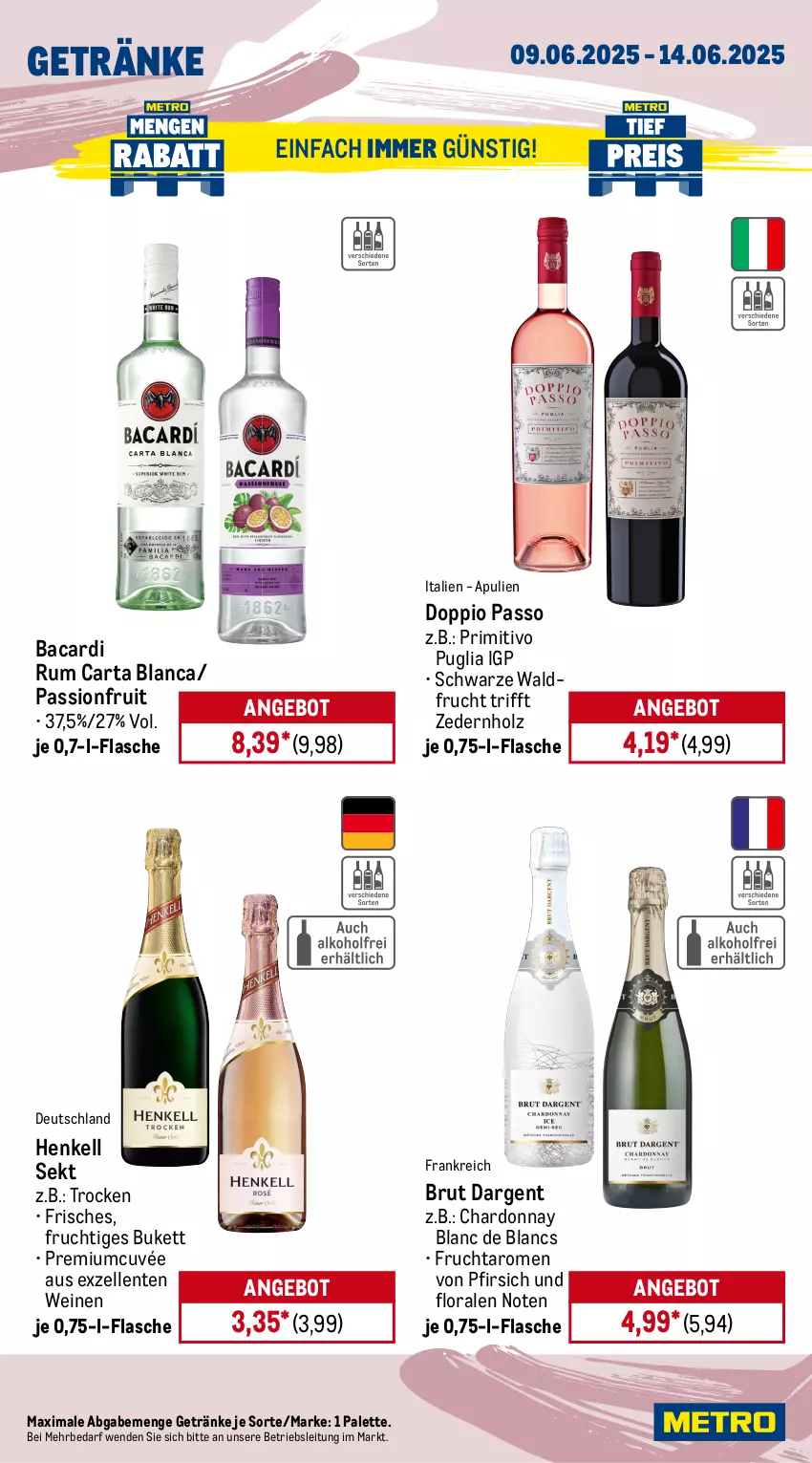 Aktueller Prospekt Metro - Wochen-Angebote - von 09.06 bis 14.06.2025 - strona 14 - produkty: akku, angebot, ariel, auto, bacardi, bacardi rum, beutel, bodensauger, brut, brut dargent, chardonnay, cuvée, de blancs, doppio passo, Dyson, eis, Elan, elle, ente, flasche, frucht, getränk, getränke, henkel, henkell, henkell sekt, Holz, Intel, kraft, mac, Metro, möbel, Mode, Palette, papier, passo, pfirsich, Pods, primitivo, reis, rum, sekt, sonderposten, staubbeutel, staubsauger, teller, Ti, Tiere, tisch, toilettenpapier, vollwaschmittel, waschmittel, wein, weine, zewa