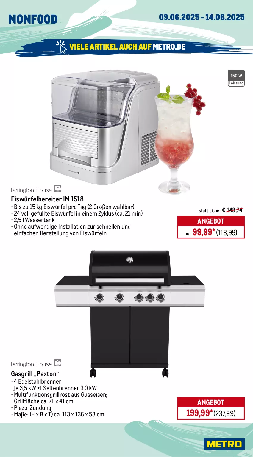 Aktueller Prospekt Metro - Wochen-Angebote - von 09.06 bis 14.06.2025 - strona 20 - produkty: angebot, decke, Deckel, edelstahl, eis, eiswürfel, eiswürfelbereiter, elle, garnitur, gasgrill, grill, grillfläche, grillrost, HP, kissen, latte, LG, Metro, Pax, piezo-zündung, reis, Rückenkissen, sessel, Sofa, teller, Ti, tisch, tischplatte, wasser, wassertank, würfel