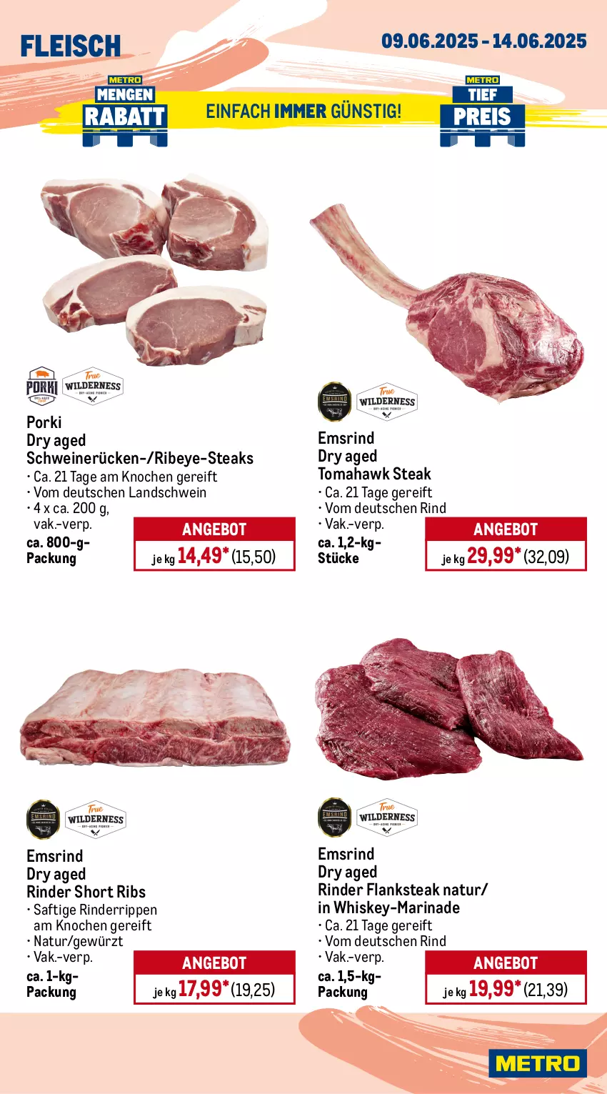 Aktueller Prospekt Metro - Wochen-Angebote - von 09.06 bis 14.06.2025 - strona 4 - produkty: Abtei, angebot, angebote, aqua, eis, elle, filet, fisch, fische, Fischer, Flanksteak, fleisch, forelle, frischfisch, garnelen, gewürz, kabeljaufilet, marinade, Metro, natur, reis, rel, Ria, rind, rinder, Rinderrippen, Rippen, saft, Schere, schwein, schweine, schweinerücken, steak, steaks, teppich, Ti, tiefpreis, wein, weine, whiskey, Wild