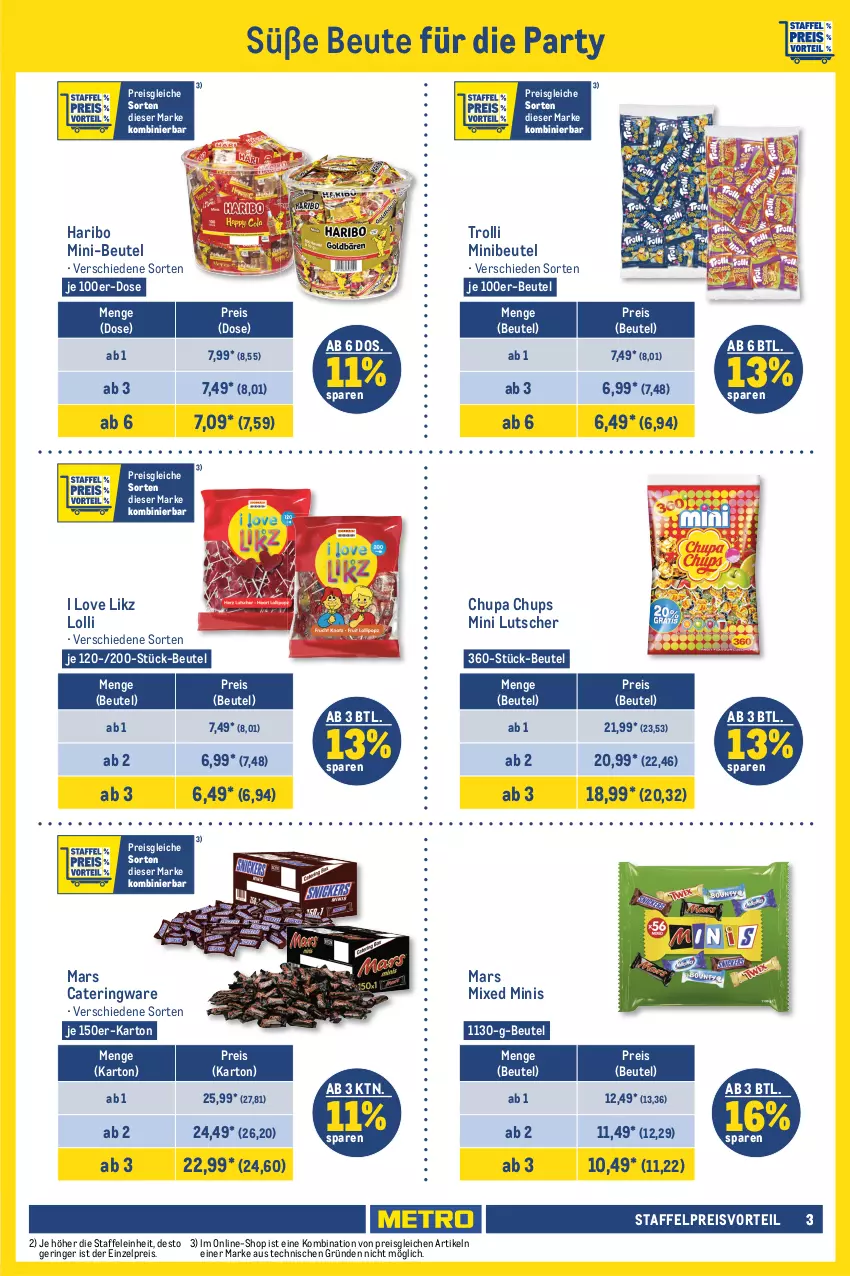 Aktueller Prospekt Metro - Karneval, Fasching, Fastnacht Spezial - von 11.01 bis 12.02.2024 - strona 3 - produkty: angebot, angebote, auer, beutel, bonbons, brause, chips, chupa, chupa chups, eis, elle, erdnuss, frucht, haribo, karamell, kaugummi, Lutscher, mars, Metro, nuss, preisvorteil, reis, ring, rioba, Speck, Ti, trolli