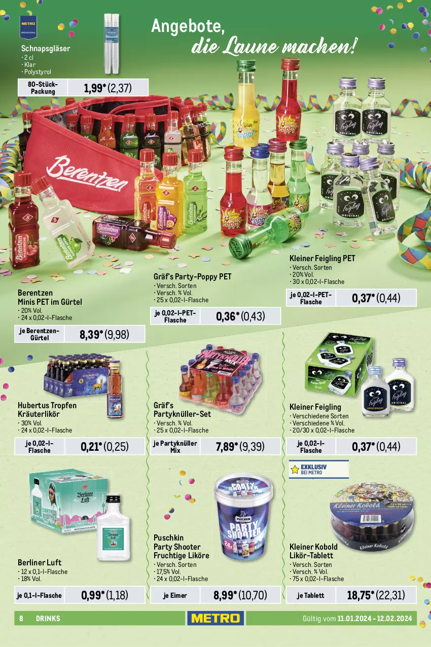 Aktueller Prospekt Metro - Karneval, Fasching, Fastnacht Spezial - von 11.01 bis 12.02.2024 - strona 8 - produkty: alkohol, angebot, angebote, Apple, ball, berentzen, berliner, berliner luft, blended scotch, blended scotch whisky, cola, drink, drinks, dry gin, Effect, eimer, flasche, frucht, getränk, getränke, gin, Gläser, kleiner feigling, kräuter, kräuterlikör, leine, likör, lillet, london dry, london dry gin, mac, Palette, Popp, puschkin vodka, rum, scotch, scotch whisky, tablet, tablett, Tanqueray, Ti, tonic, vodka, whisky