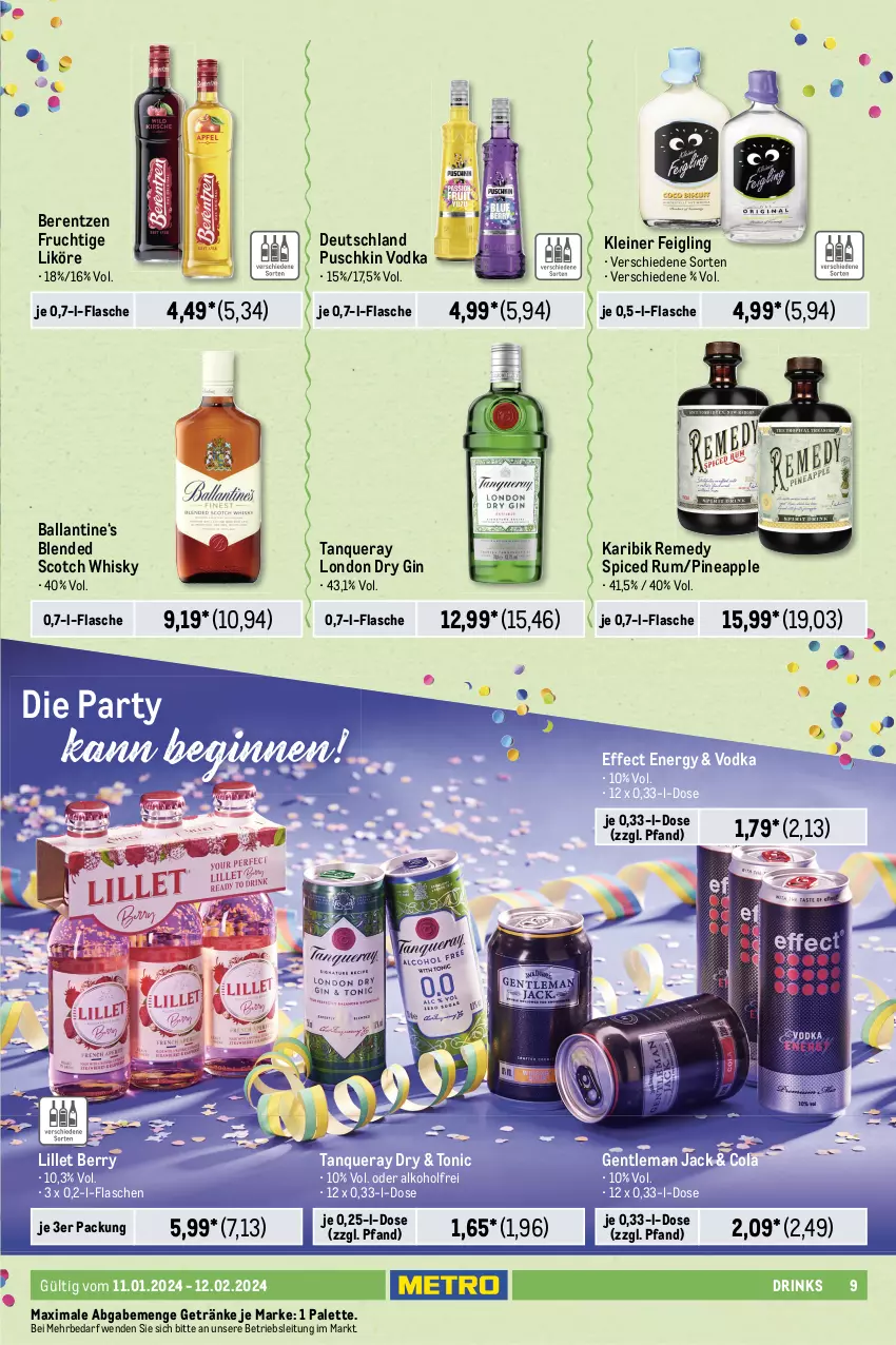 Aktueller Prospekt Metro - Karneval, Fasching, Fastnacht Spezial - von 11.01 bis 12.02.2024 - strona 9 - produkty: alkohol, angebot, angebote, Apple, ball, berentzen, berliner, berliner luft, blended scotch, blended scotch whisky, cola, drink, drinks, dry gin, Effect, eimer, flasche, frucht, getränk, getränke, gin, Gläser, kleiner feigling, kräuter, kräuterlikör, leine, likör, lillet, london dry, london dry gin, mac, Palette, Popp, puschkin vodka, rum, scotch, scotch whisky, tablet, tablett, Tanqueray, Ti, tonic, vodka, whisky