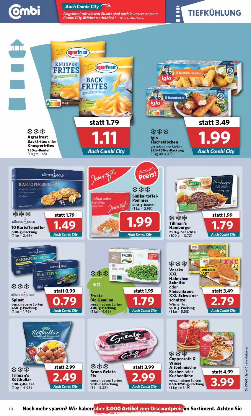 Aktueller Prospekt Combi - Prospekte - von 10.01 bis 15.01.2022 - strona 10 - produkty: agrarfrost, angebot, angebote, beutel, bio, bio gemüse, bruno gelato, burger, coppenrath, discount, eis, fisch, fischstäbchen, fleisch, frosta, hamburger, iglo, kartoffel, kartoffelpuffer, Köttbullar, krone, kuchen, kuchenliebe, pommes, reis, schnitzel, schwein, schweine, schweineschnitzel, spinat, Ti, vossko, wein, weine, wiener