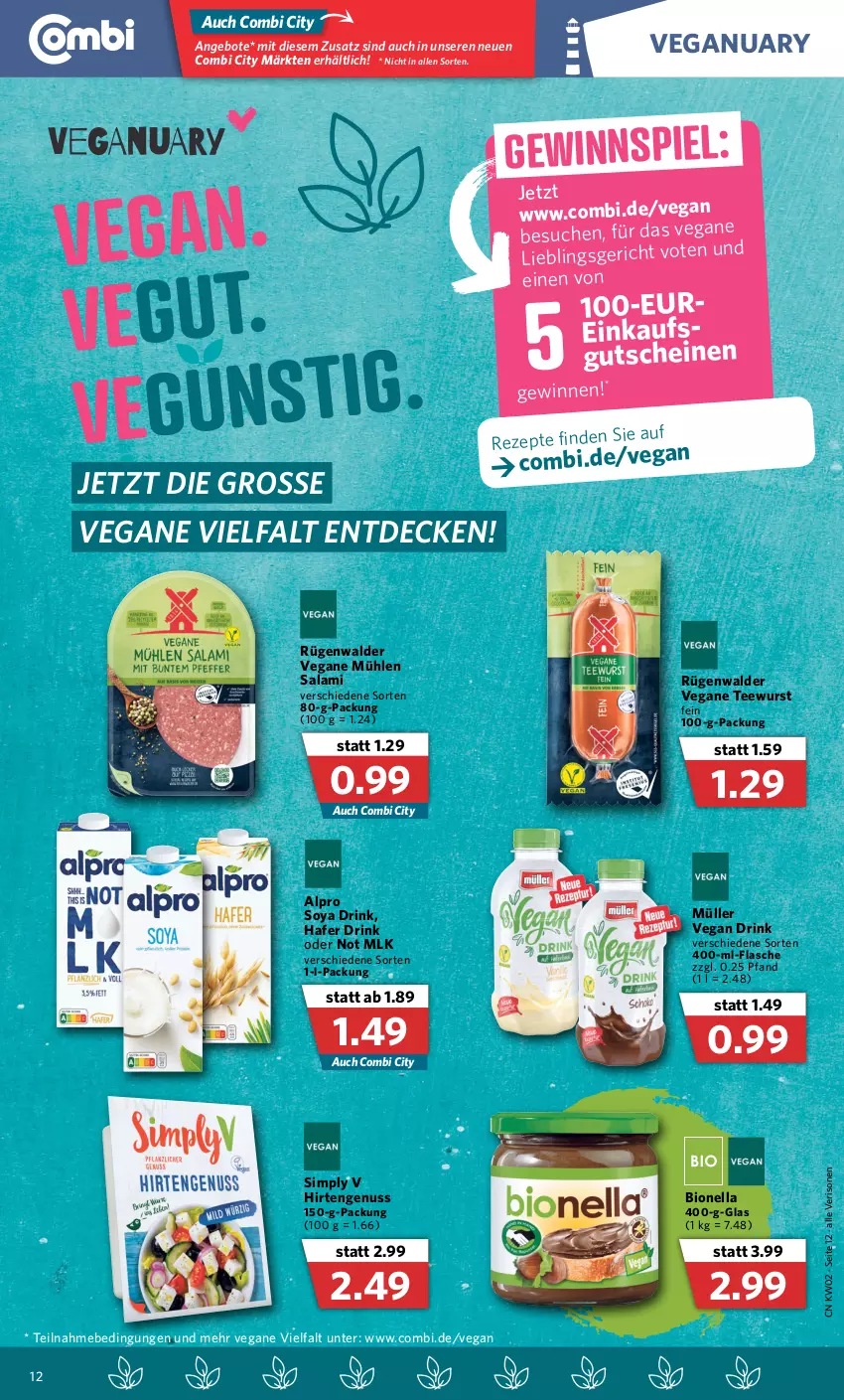 Aktueller Prospekt Combi - Prospekte - von 10.01 bis 15.01.2022 - strona 12 - produkty: alpro, angebot, angebote, bio, decke, drink, flasche, gewinnspiel, gutschein, gutscheine, hafer, Müller, nuss, rezept, rezepte, rügenwalder, salami, sim, soya, tee, teewurst, wurst