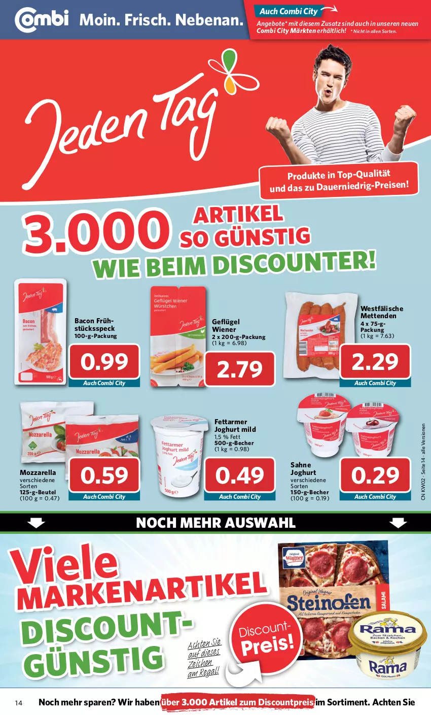 Aktueller Prospekt Combi - Prospekte - von 10.01 bis 15.01.2022 - strona 14 - produkty: angebot, angebote, auer, bacon, Becher, beutel, discount, eis, Frühstücksspeck, Geflügel, joghur, joghurt, joghurt mild, Mett, metten, Mettenden, mozzarella, regal, reis, rel, sahne, sahne joghurt, Speck, Ti, wiener