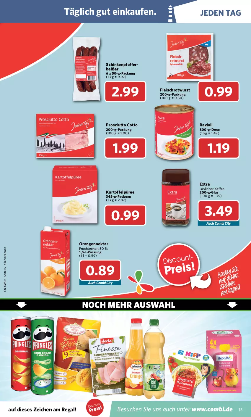 Aktueller Prospekt Combi - Prospekte - von 10.01 bis 15.01.2022 - strona 15 - produkty: eis, fleisch, frucht, kaffee, kartoffel, löslicher kaffee, Nektar, orange, orangen, pfeffer, Pfefferbeißer, prosciutto, prosciutto cotto, püree, ravioli, regal, Rotwurst, schinken, wurst