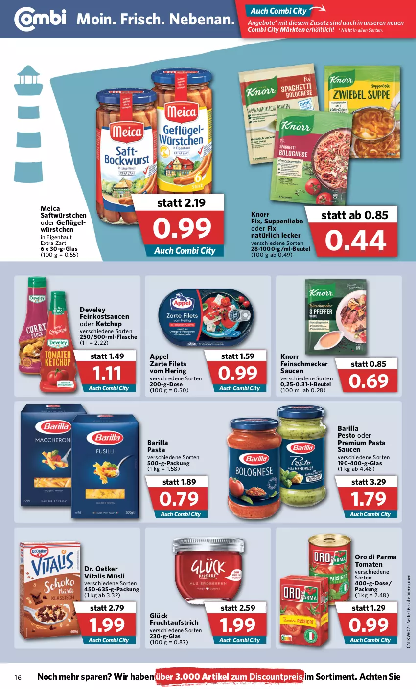 Aktueller Prospekt Combi - Prospekte - von 10.01 bis 15.01.2022 - strona 16 - produkty: angebot, angebote, aufstrich, barilla, beutel, develey, discount, Dr. Oetker, eis, feinkost, feinschmecker, filet, filets, flasche, frucht, fruchtaufstrich, Geflügel, hering, ketchup, knorr, knorr fix, meica, müsli, oro di parma, pasta, Pasta Sauce, pesto, reis, ring, saft, sauce, saucen, suppe, suppen, suppenliebe, Ti, tomate, tomaten, vita, vitalis, vitalis müsli, würstchen