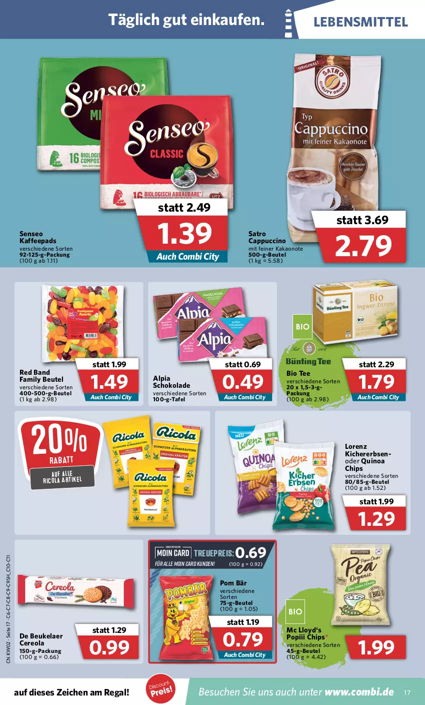 Aktueller Prospekt Combi - Prospekte - von 10.01 bis 15.01.2022 - strona 17 - produkty: alpia, beutel, bio, Cap, cappuccino, chips, cin, cola, de beukelaer, eis, erbsen, kaffee, kaffeepads, kakao, kichererbsen, lebensmittel, lorenz, quinoa, regal, reis, Ricola, schoko, schokolade, senseo, tee, Ti