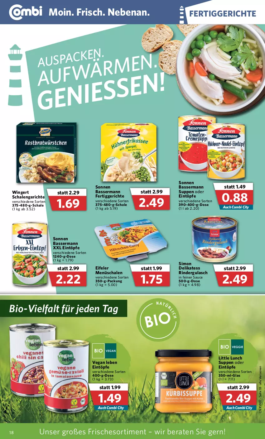 Aktueller Prospekt Combi - Prospekte - von 10.01 bis 15.01.2022 - strona 18 - produkty: bio, eintöpfe, fertiggericht, fertiggerichte, gulasch, rind, rinder, rindergulasch, sauce, Schal, Schale, sim, suppe, suppen, Ti