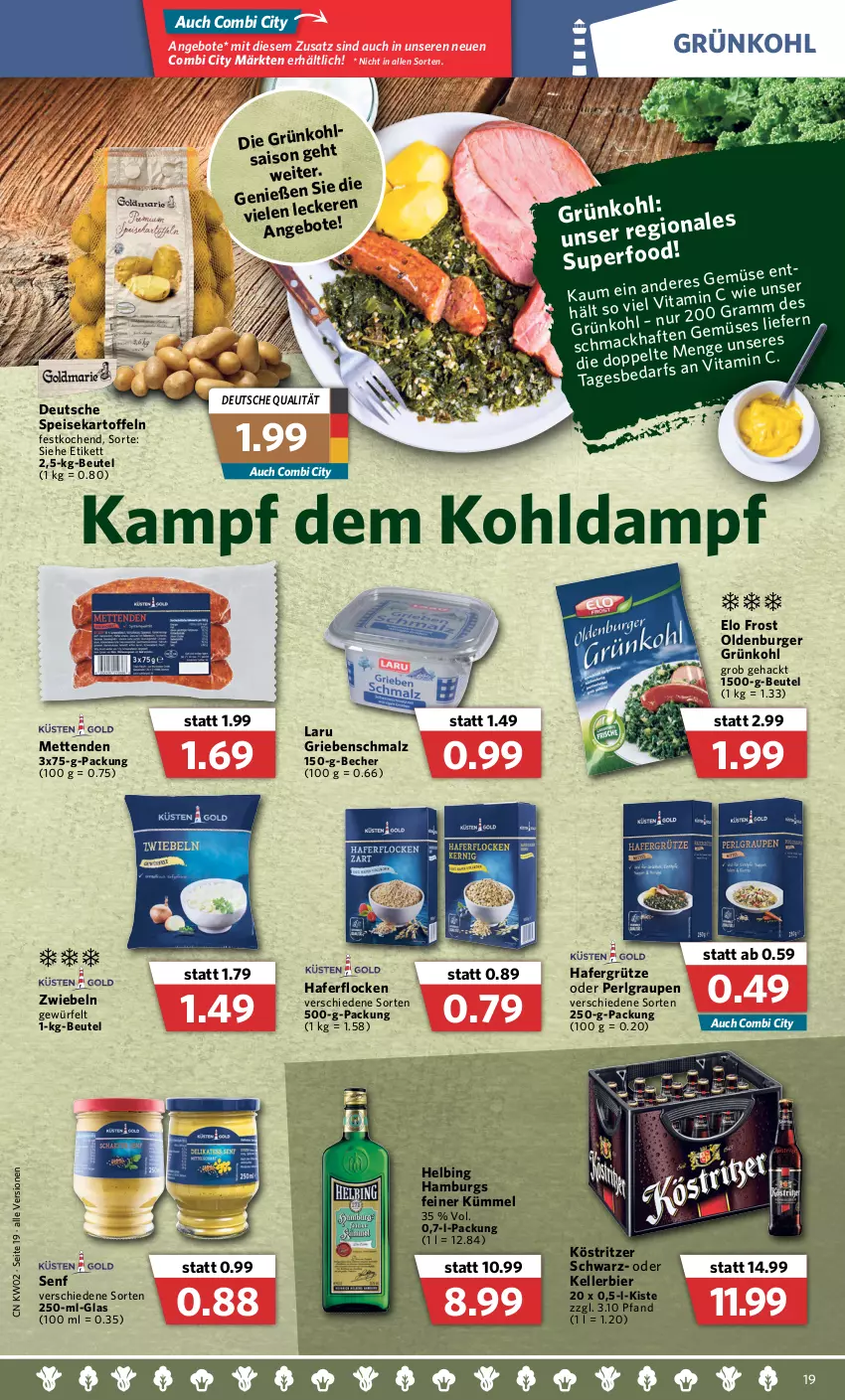 Aktueller Prospekt Combi - Prospekte - von 10.01 bis 15.01.2022 - strona 19 - produkty: angebot, angebote, Becher, beutel, bier, burger, eis, elle, grütze, hafer, haferflocken, kartoffel, kartoffeln, kellerbier, köstritzer, LG, mac, malz, Mett, metten, Mettenden, Schmalz, senf, Ti, vita, Vitamin C, Vitamin D, würfel, zwiebel, zwiebeln