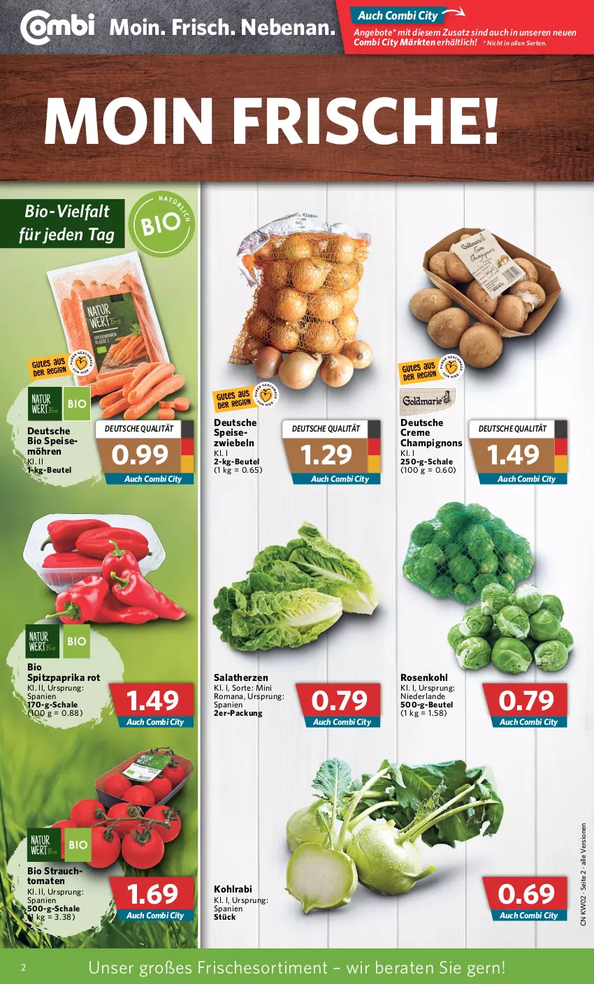 Aktueller Prospekt Combi - Prospekte - von 10.01 bis 15.01.2022 - strona 2 - produkty: angebot, angebote, beutel, bio, champignon, champignons, creme, eis, kohlrabi, möhren, paprika, paprika rot, Rauch, rosen, Rosenkohl, salat, salatherzen, Schal, Schale, Spitzpaprika, Ti, tomate, tomaten, zwiebel, zwiebeln