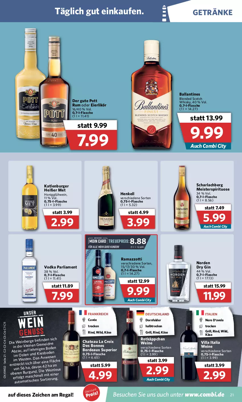 Aktueller Prospekt Combi - Prospekte - von 10.01 bis 15.01.2022 - strona 21 - produkty: arla, auto, ball, blended scotch, blended scotch whisky, burger, chateau, cuvée, dornfelder, dry gin, eier, eierlikör, eis, flasche, getränk, getränke, gin, Glühwein, grill, henkel, henkell, honig, Käse, katlenburger, leine, LG, likör, Meister, nero, rama, ramazzott, ramazzotti, regal, reis, rind, rotkäppchen, rum, scotch, scotch whisky, Ti, tisch, vodka, wein, weine, Weste, whisky, Wild, zott