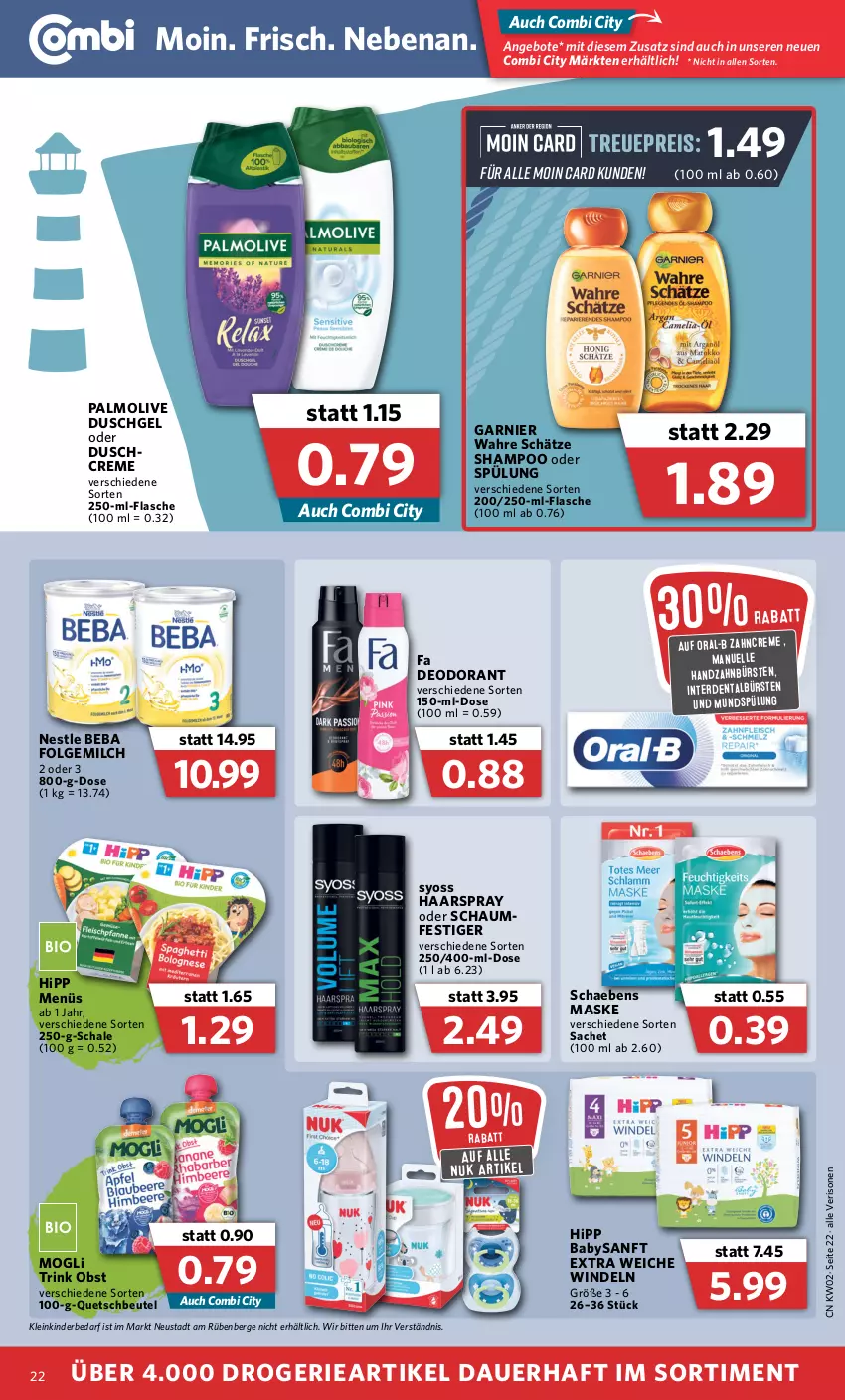 Aktueller Prospekt Combi - Prospekte - von 10.01 bis 15.01.2022 - strona 22 - produkty: angebot, angebote, auer, Beba, beutel, bürste, bürsten, creme, deo, deodorant, duschcreme, duschgel, eis, elle, erde, flasche, folgemilch, garnier, haarspray, hipp, Kinder, LG, Maske, milch, mundspülung, nuk, obst, oder schaumfestiger, olive, oral-b, palmolive, quetschbeutel, reis, sac, Schaebens, Schal, Schale, schaumfestiger, shampoo, shampoo oder spülung, spülung, syoss, Ti, Wahre Schätze, windeln, Yo, zahnbürste, zahnbürsten, zahncreme