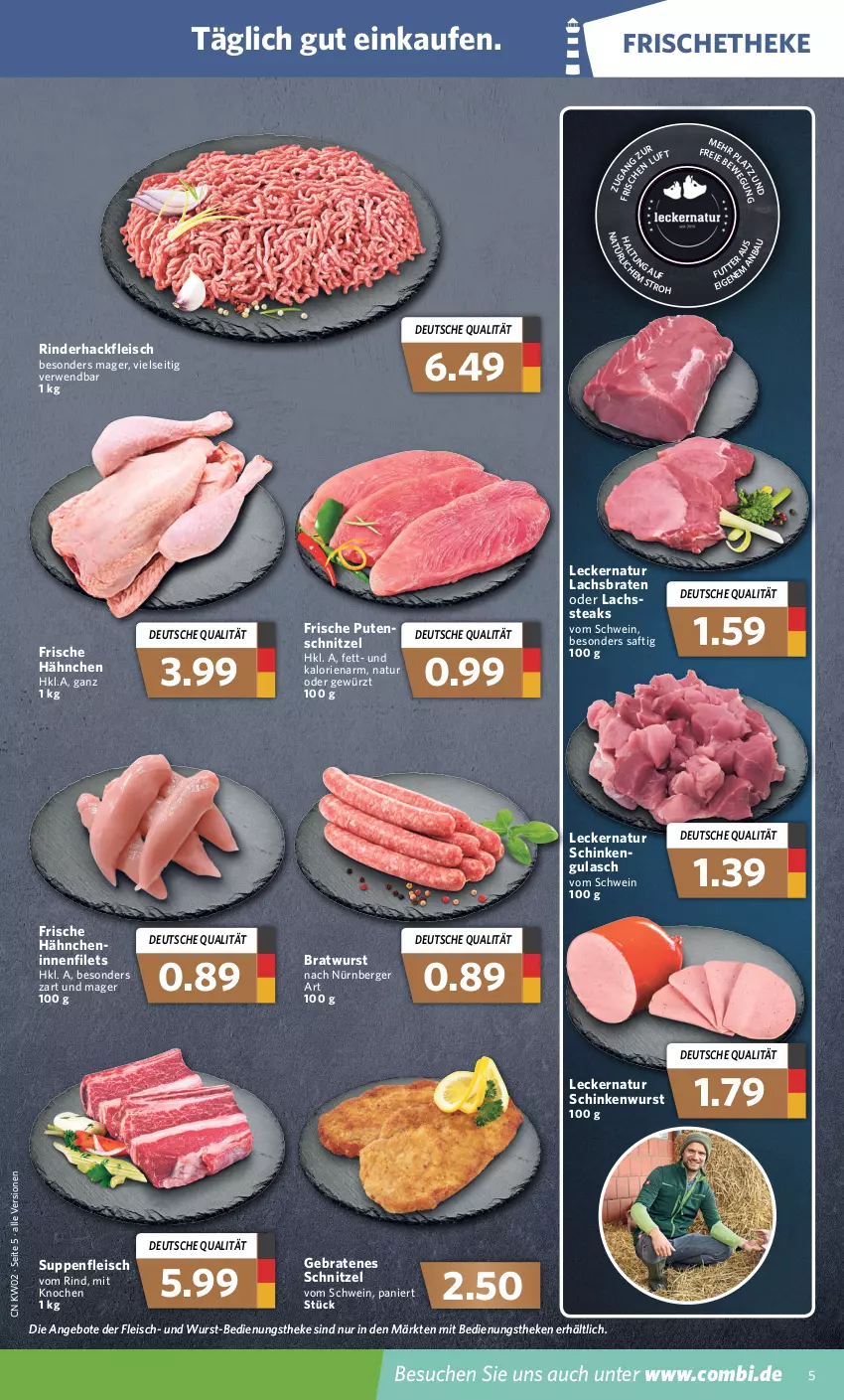 Aktueller Prospekt Combi - Prospekte - von 10.01 bis 15.01.2022 - strona 5 - produkty: angebot, angebote, Berger, braten, bratwurst, eis, filet, filets, fleisch, Frische Hähnchen, gewürz, gulasch, hackfleisch, lachs, Lachsbraten, natur, nürnberger, pute, rind, rinder, rinderhackfleisch, rwe, saft, schinken, schinkenwurst, schnitzel, schwein, steak, steaks, suppe, suppen, suppenfleisch, Ti, wein, wurst