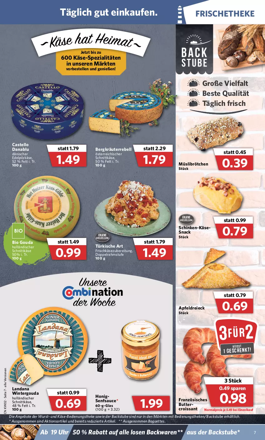 Aktueller Prospekt Combi - Prospekte - von 10.01 bis 15.01.2022 - strona 7 - produkty: angebot, angebote, apfel, backwaren, baguette, baguettes, bio, brötchen, butter, Croissant, doppelrahmstufe, eis, elle, frischkäse, frischkäsezubereitung, gouda, holländischer schnittkäse, honig, Käse, kräuter, müsli, österreichischer schnittkäse, rebell, reis, sauce, schinken, schnittkäse, senf, snack, Spezi, stube, Ti, uhr, wurst