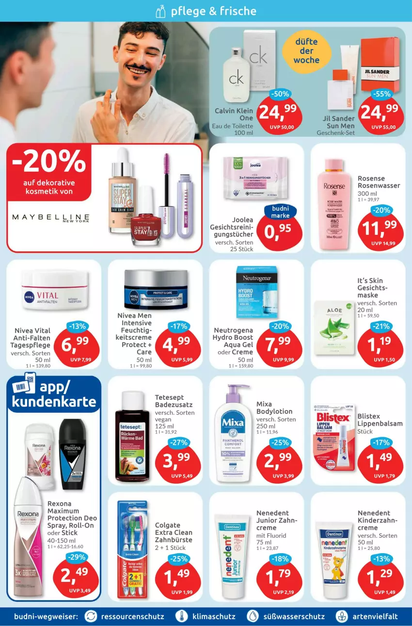 Aktueller Prospekt Budni - Prospekte - von 20.11 bis 25.11.2023 - strona 2 - produkty: aqua, Bad, balsam, body, bodylotion, calvin klein, colgate, creme, deo, eau de toilette, eis, fisch, fische, jil sander, Kinder, LG, Lippenbalsam, Lotion, mam, Maske, Mixa, neutrogena, nivea, Nivea Men, Panthenol, rexona, roll-on, rosen, Rosenwasser, Tagespflege, Ti, tuc, tücher, vita, wasser, zahncreme