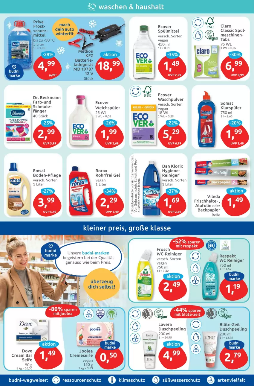 Aktueller Prospekt Budni - Prospekte - von 20.11 bis 25.11.2023 - strona 4 - produkty: asti, auto, bio, biozidprodukte, Blüte, cola, creme, cremeseife, dove, Dr. Beckmann, eis, emsa, Frosch, HP, klarspüler, lavera, mac, papier, Peeling, Rauch, reiniger, reis, rezept, rorax, rwe, Seife, somat, spülmittel, Ti, vileda, Waschpulver, wasser, wc-reiniger, weichspüler