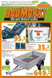 Gazetka promocyjna  - Prospekt für Globus Baumarkt  Achern - Gazetka - ważna od 23.07 do 23.07.2022 - strona 1 - produkty: Anhänger, Bank, Bau, decke, eimer, eis, fassadenfarbe, koffer, latte, reifen, reis, schrauben, Schraubendreher, Ti, werkzeug, ZTE