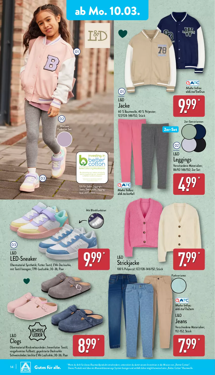 Aktueller Prospekt Aldi Nord - Von Montag - von 10.03 bis 15.03.2025 - strona 14 - produkty: aldi, Bau, baumwolle, bett, Clogs, decksohle, eis, gin, hose, Jacke, jeans, Jogginghose, leggings, obermaterial synthetik, Ria, rind, rwe, schwein, sneaker, socken, Strickjacke, sweatjacke, Ti, wein, wolle