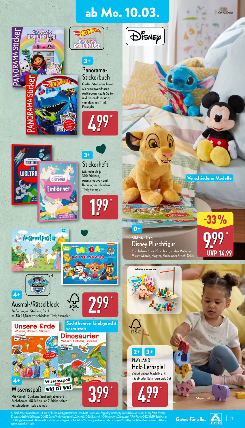 Aktueller Prospekt Aldi Nord - Von Montag - von 10.03 bis 15.03.2025 - strona 17 - produkty: asti, Aufkleber, buch, dell, disney, elle, gin, Holz, Hot Wheels, kleber, Kuschelweich, Lernspiel, Mattel, Mode, Peppa Pig, Plüsch, rama, Ria, rwe, sac, sim, simba, Stickerbuch, Ti, ZTE