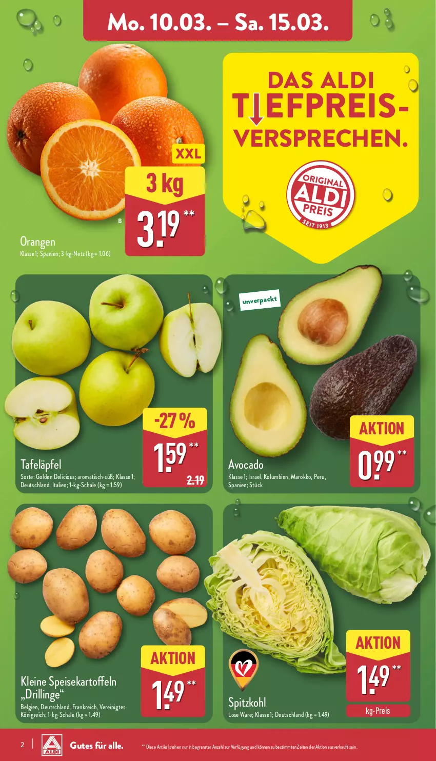 Aktueller Prospekt Aldi Nord - Von Montag - von 10.03 bis 15.03.2025 - strona 2 - produkty: aldi, avocado, eis, kartoffel, kartoffeln, leine, LG, orange, orangen, reis, Schal, Schale, speisekartoffeln, spitzkohl, tafeläpfel, Ti, tisch, ZTE