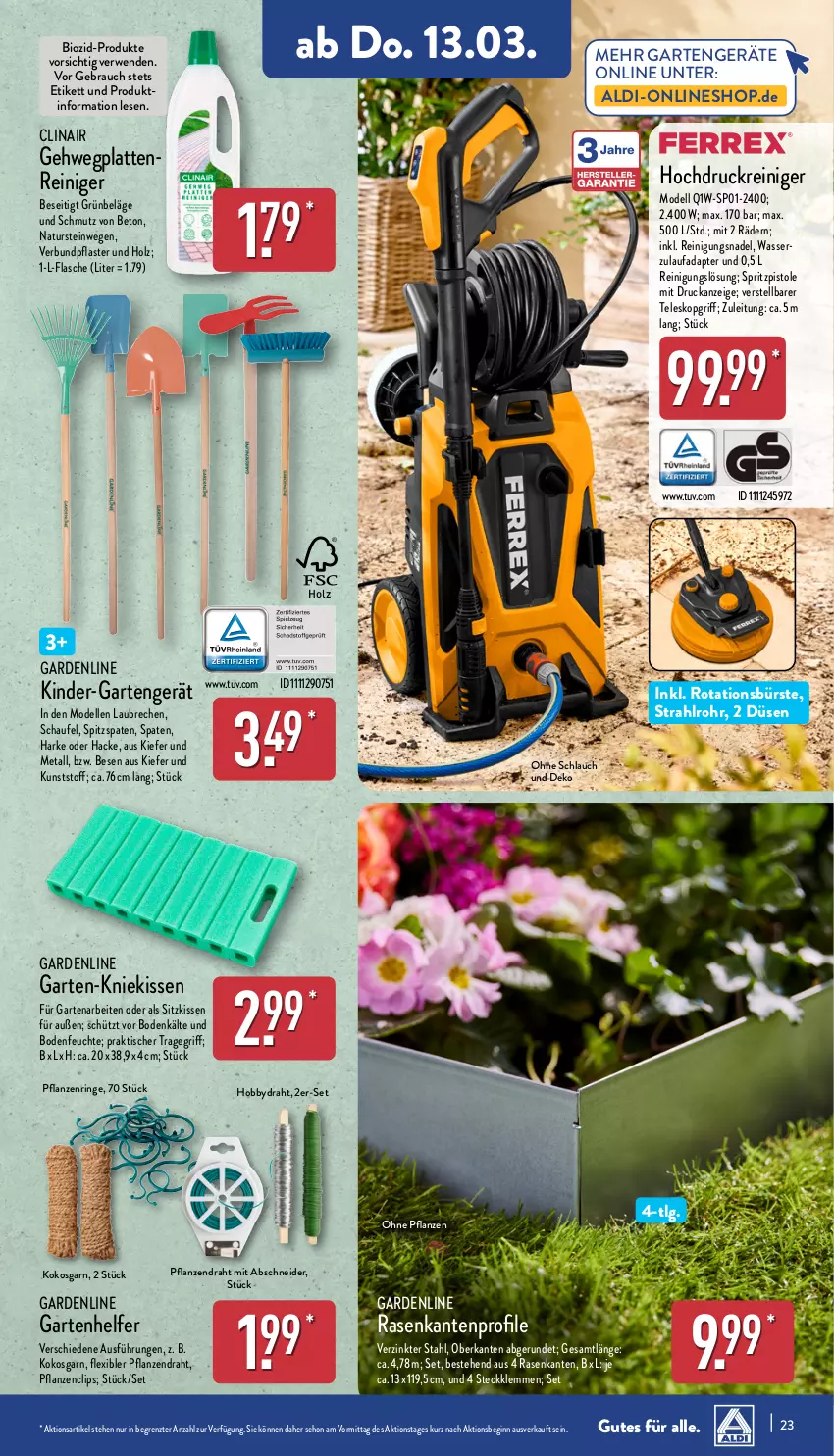 Aktueller Prospekt Aldi Nord - Von Montag - von 10.03 bis 15.03.2025 - strona 23 - produkty: adapter, aldi, bio, bürste, Clin, dell, Draht, elle, flasche, Garten, gin, Hobby, hochdruckreiniger, Holz, Kinder, kissen, Kniekissen, kokos, latte, LG, Mode, natur, naturstein, pflanze, pflanzen, pflaster, rasen, Rauch, reiniger, Reinigung, ring, rwe, schlauch, sitzkissen, Spaten, Teleskop, Ti, tisch, tragegriff, wasser, ZTE