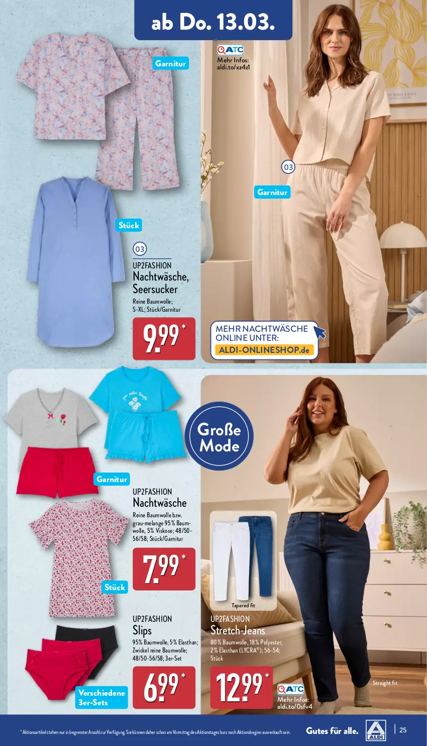 Aktueller Prospekt Aldi Nord - Von Montag - von 10.03 bis 15.03.2025 - strona 25 - produkty: aldi, Bau, baumwolle, Elan, garnitur, gin, jeans, Mode, reine baumwolle, seersucker, slip, slips, Ti, up2fashion, WICK, wolle, ZTE