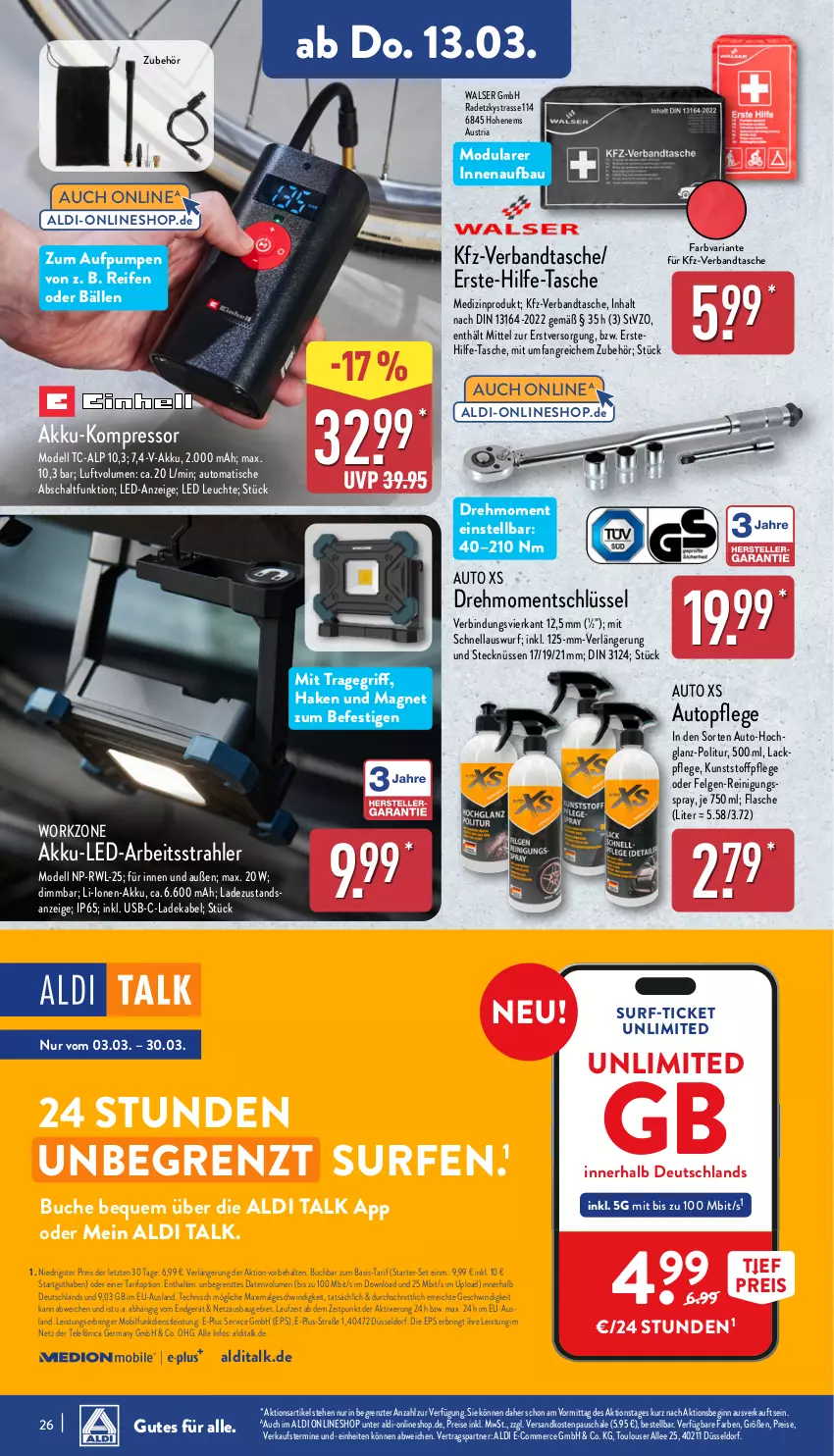 Aktueller Prospekt Aldi Nord - Von Montag - von 10.03 bis 15.03.2025 - strona 26 - produkty: akku, aldi, aldi talk, aust, auto, Bau, buch, deka, dell, eis, felgen, flasche, Germ, gin, hochglanz, kompressor, lack, ladekabel, Leuchte, LG, medizinprodukt, Mode, ndk, reifen, Reinigung, reis, Ria, ring, Schal, Schale, Surf, Tasche, Ti, tisch, topf, tragegriff, usb, walser, ZTE