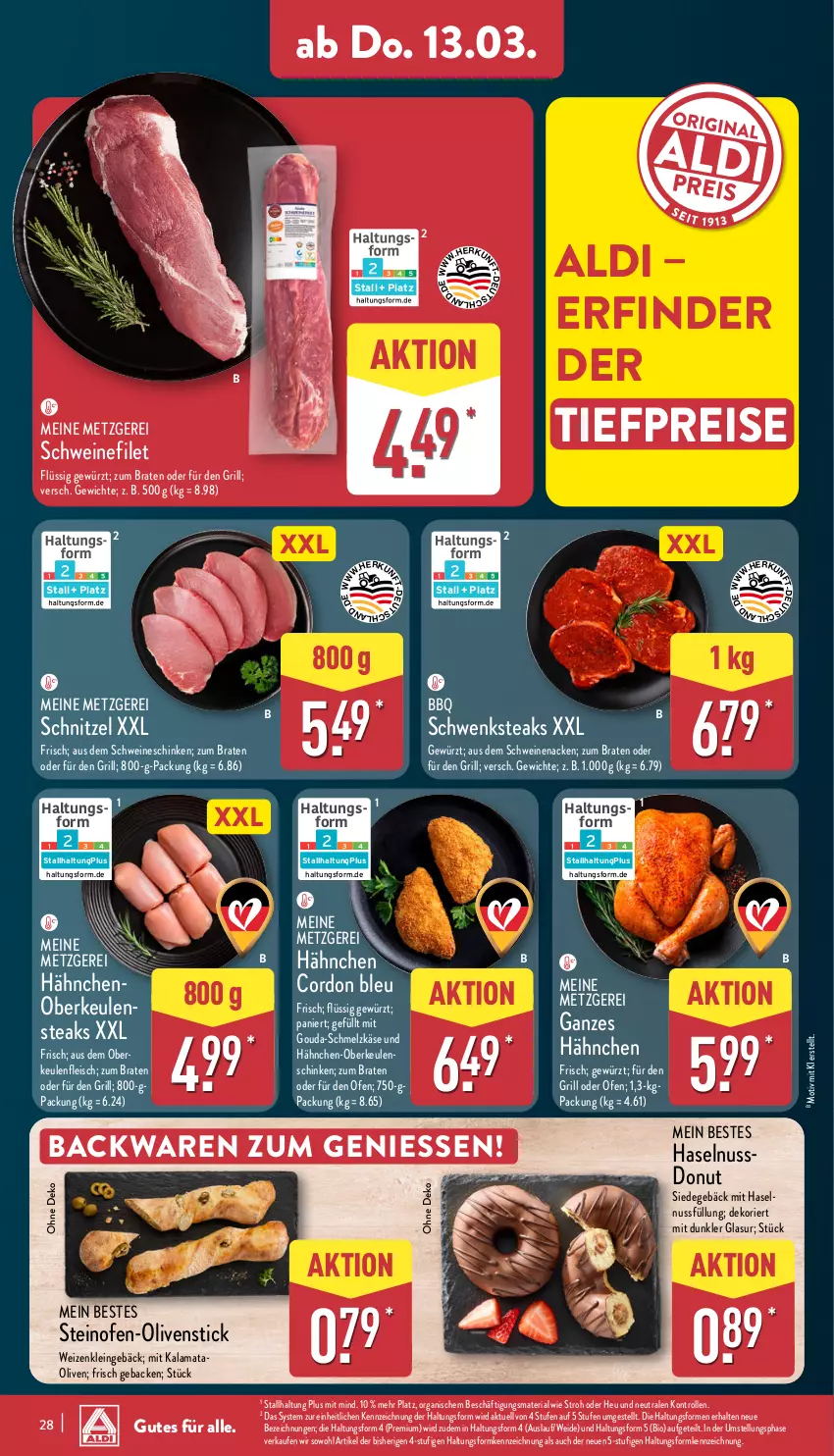 Aktueller Prospekt Aldi Nord - Von Montag - von 10.03 bis 15.03.2025 - strona 28 - produkty: aldi, backwaren, bio, braten, cordon bleu, Donut, eis, filet, fleisch, geback, gewürz, gouda, grill, Hähnchen-Oberkeulen, haselnuss, Heu, Käse, mit gouda, nuss, Ofen, olive, oliven, reis, Ria, schinken, Schmelzkäse, schnitzel, schwein, schweine, schweinefilet, schweinenacken, ssd, steak, steaks, steinofen, Ti, tiefpreis, wein, weine