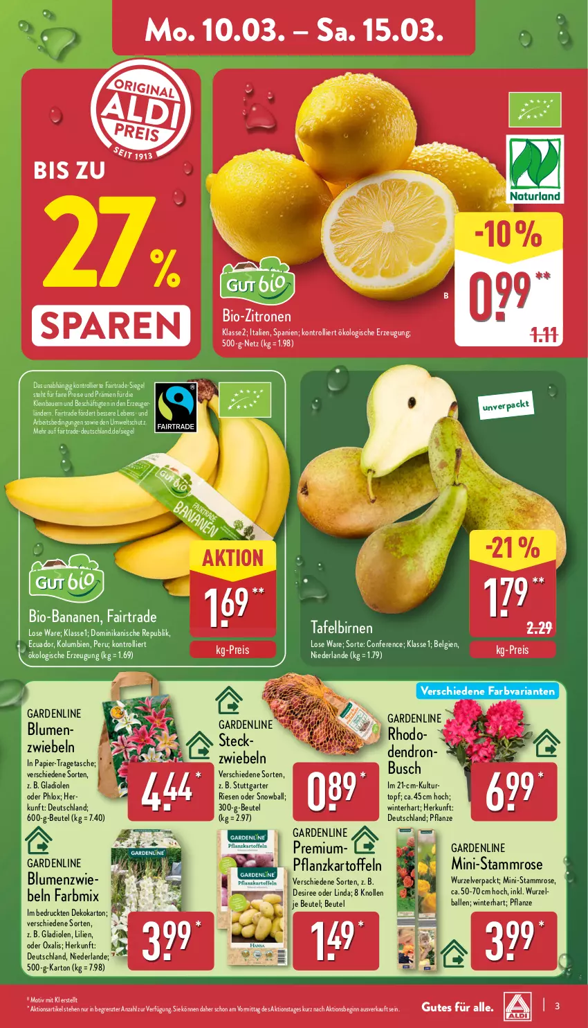 Aktueller Prospekt Aldi Nord - Von Montag - von 10.03 bis 15.03.2025 - strona 3 - produkty: auer, ball, banane, bananen, Bau, Bauer, beutel, bio, bio-bananen, bio-zitronen, Birnen, blume, blumen, eis, gin, Gladiolen, kartoffel, kartoffeln, kulturtopf, LG, papier, pflanze, Pflanzkartoffeln, reis, Ria, tafelbirnen, Tasche, Ti, topf, tragetasche, trolli, zitrone, zitronen, ZTE, zwiebel, zwiebeln