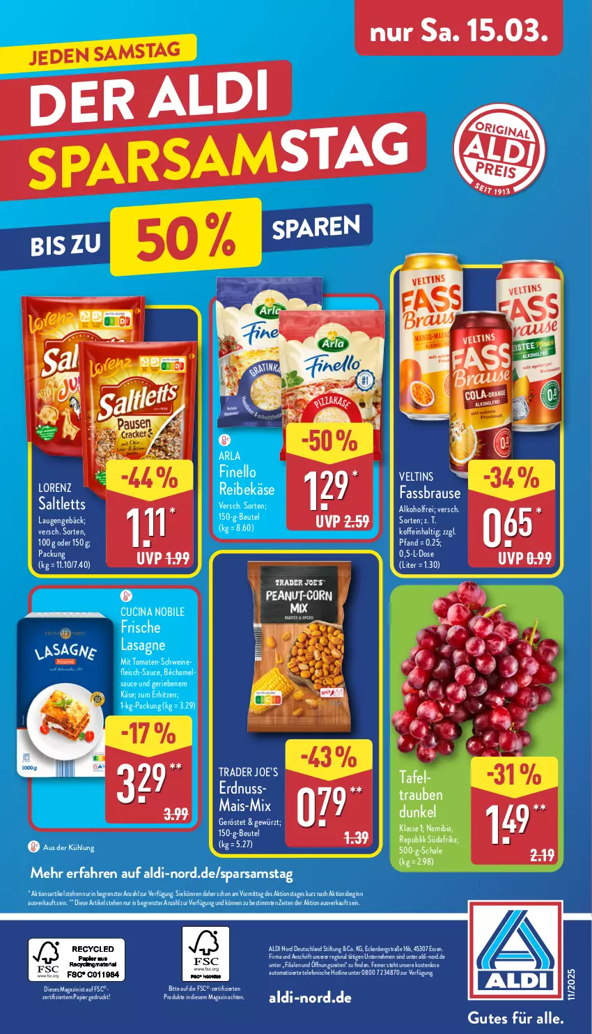 Aktueller Prospekt Aldi Nord - Von Montag - von 10.03 bis 15.03.2025 - strona 36 - produkty: aldi, alkohol, arla, auto, beutel, brause, cin, eis, erdnuss, fassbrause, finello, fleisch, gewürz, gin, Käse, lasagne, lorenz, magazin, mais, nuss, papier, Reibekäse, saltletts, sauce, Schal, Schale, schwein, schweine, schweinefleisch, tafeltrauben, telefon, Ti, tomate, tomaten, trauben, veltins, wein, weine, ZTE