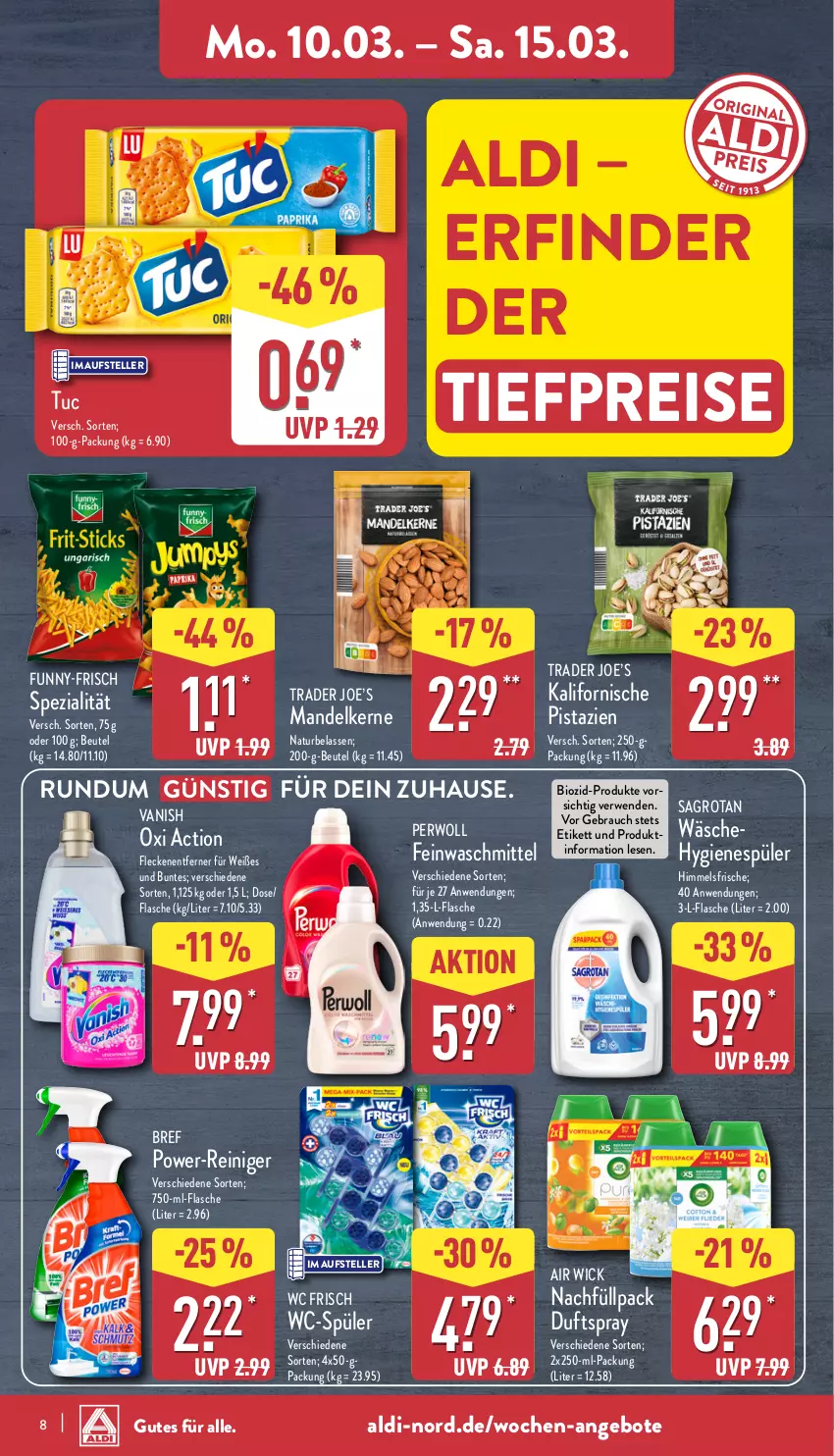 Aktueller Prospekt Aldi Nord - Von Montag - von 10.03 bis 15.03.2025 - strona 8 - produkty: Air Wick, aldi, angebot, angebote, beutel, bio, Bref, bref power, Duftspray, eis, elle, feinwaschmittel, flasche, Fleckenentferner, funny-frisch, hygienespüler, mandel, natur, oxi action, perwoll, pistazien, Rauch, reiniger, reis, rwe, sagrotan, Spezi, teller, Ti, tiefpreis, tuc, vanish, waschmittel, wc frisch, WICK