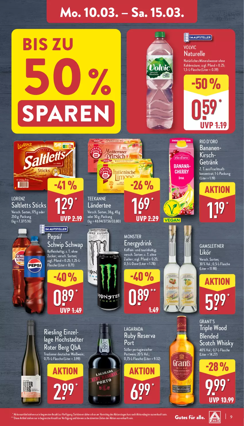 Aktueller Prospekt Aldi Nord - Von Montag - von 10.03 bis 15.03.2025 - strona 9 - produkty: Alwa, banane, bananen, blended scotch, blended scotch whisky, drink, elle, flasche, frucht, fruchtsaft, getränk, gin, kirsch, Ländertee, likör, lorenz, mineralwasser, monster, Monster Energy, natur, natürliches mineralwasser, pepsi, Portwein, rel, riesling, saft, saltletts, Schwip Schwap, scotch, scotch whisky, tee, teekanne, teller, Ti, volvic, wasser, wein, Weißwein, whisky, ZTE, zucker