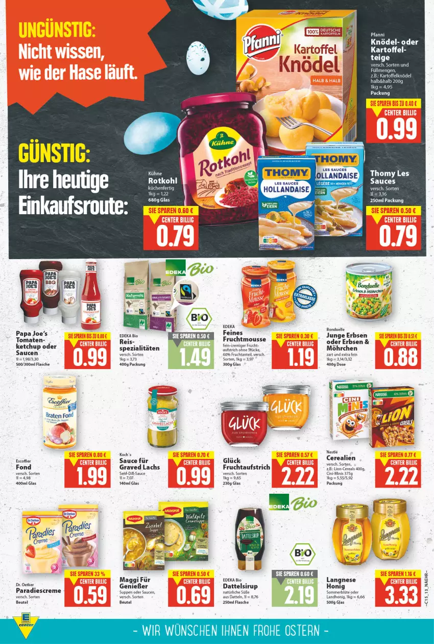 Aktueller Prospekt E Center - Angebote der Woche - von 11.04 bis 16.04.2022 - strona 11 - produkty: aufstrich, beutel, bio, Blüte, bonduelle, braten, cerealien, cereals, cin, creme, Datteln, Dattelsirup, deka, edeka bio, eis, elle, erbsen, flasche, frucht, fruchtaufstrich, Graved Lachs, hollandaise, honig, junge erbsen, kartoffel, Kartoffelknödel, Knödel, küche, Küchen, lachs, langnese, lion, maggi, mousse, pfanni, reis, sauce, saucen, senf, sirup, Spezi, suppe, suppen, Ti