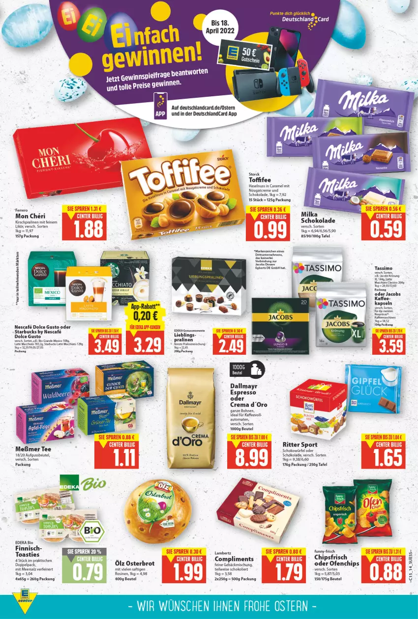 Aktueller Prospekt E Center - Angebote der Woche - von 11.04 bis 16.04.2022 - strona 12 - produkty: ACC, asti, auto, beutel, bio, bohne, bohnen, brot, caramel, chia, chips, classico, creme, dallmayr, deutschlandcard, dolce gusto, eis, espresso, espresso oder, Feine Gebäckmischung, ferrero, funny-frisch, gebäckmischung, gewinnspiel, haselnuss, HP, jacobs, jacobs krönung, kaffee, kirsch, latte, latte macchiato, likör, mac, macchiato, meersalz, Meßmer, milka, milka schokolade, nescafe, Nougatcreme, nuss, Ofen, pralinen, pril, reis, ritter, ritter sport, saft, salz, schoko, schokolade, schokowürfel, sim, Sport, starbucks, storck, tassimo, tee, Ti, tisch, toast, toffifee, tomate, tomaten, würfel