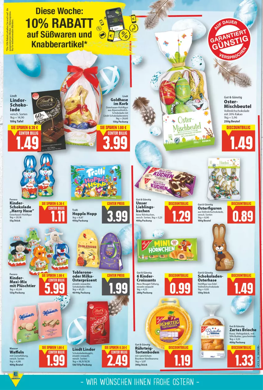 Aktueller Prospekt E Center - Angebote der Woche - von 11.04 bis 16.04.2022 - strona 13 - produkty: aktionspreis, beutel, bourbon, butter, creme, Croissant, croissants, discount, eis, ente, ferrero, Hefe, kakao, Kinder, korb, kuchen, lindor, lindt, Manner, milch, milka, nuss, reis, sauce, schnitten, schoko, schokolade, schokoladen, Ti, toblerone, torte, vanille, vollmilch, waffeln