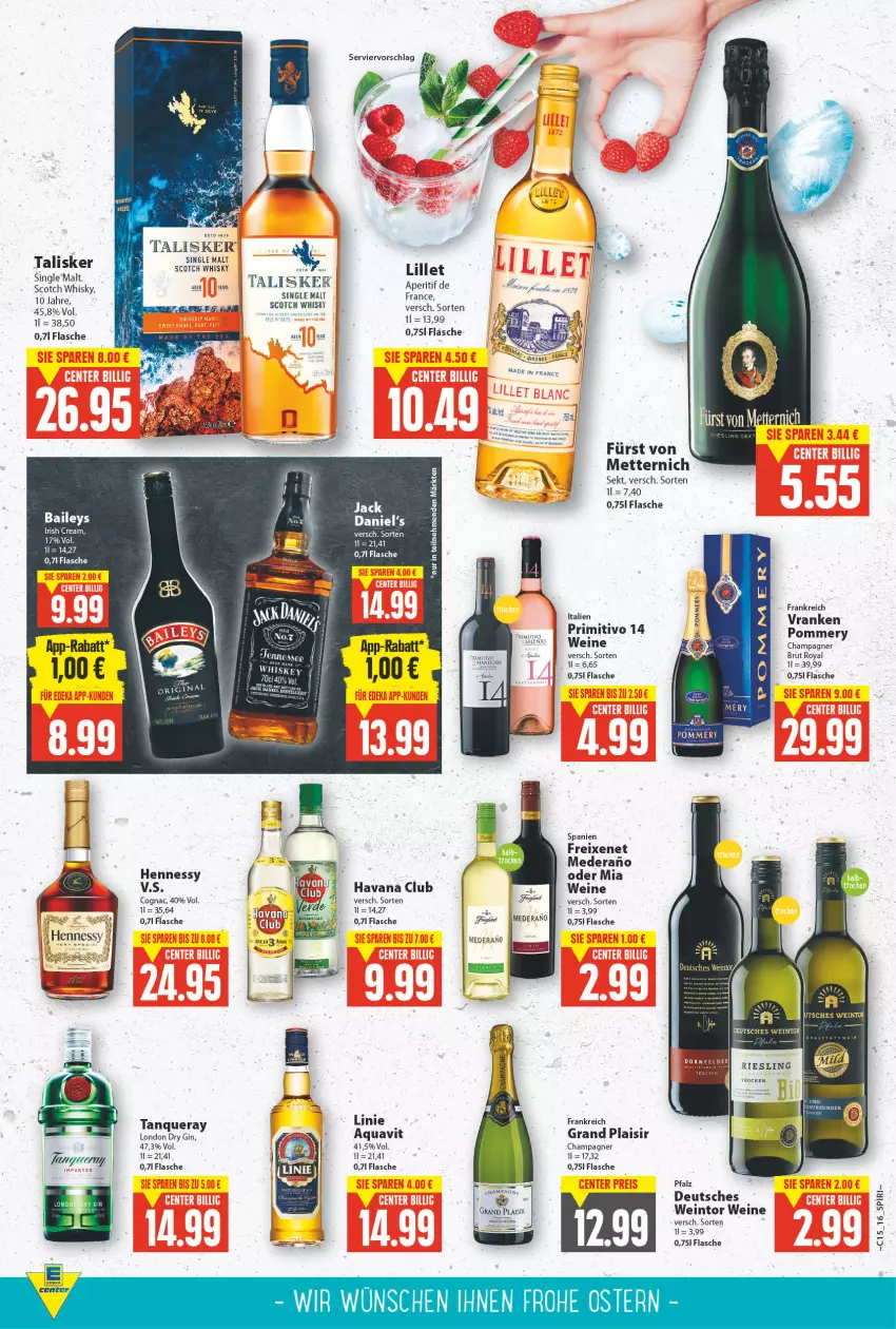 Aktueller Prospekt E Center - Angebote der Woche - von 11.04 bis 16.04.2022 - strona 14 - produkty: aperitif, aqua, aquavit, brut, champagne, champagner, Cognac, dry gin, flasche, freixenet, gin, Havana Club, irish cream, lillet, london dry, london dry gin, Mett, metternich, primitivo, riesling, scotch, scotch whisky, sekt, single malt, Tanqueray, Ti, wein, weine, whisky