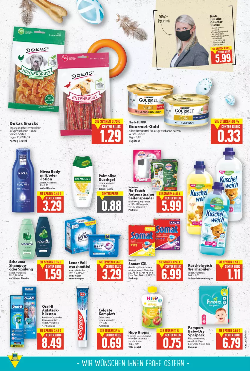 Aktueller Prospekt E Center - Angebote der Woche - von 11.04 bis 16.04.2022 - strona 16 - produkty: alleinfuttermittel, apfel, auto, banane, beutel, Bewegungssensor, body, body milk, bügel, bürste, bürsten, colgate, creme, duschgel, ente, flasche, flüssigseife, früchte, geschirr, henkel, hipp, honig, Kinder, Kuschelweich, lenor, LG, Lotion, Maske, medizinprodukt, milch, nivea, olive, oral-b, palmolive, pampers, precision clean, purina, quetschbeutel, Rauch, reiniger, Ria, sagrotan, schauma, schauma shampoo, Seife, seifenspender, shampoo, shampoo oder spülung, snack, snacks, somat, spülmaschinen, spülung, Ti, tisch, waschmittel, weichspüler, windeln, zahncreme, zucker