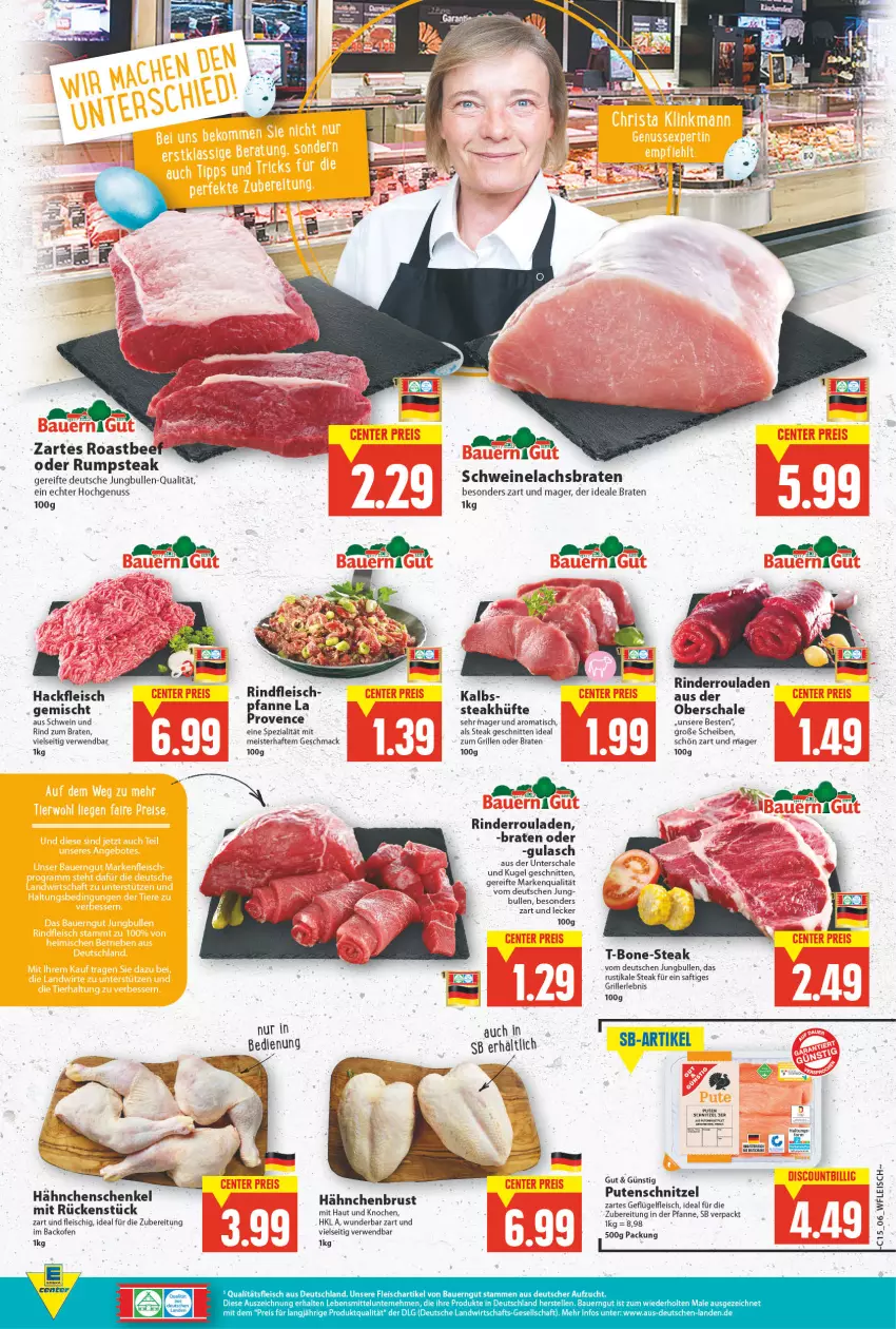 Aktueller Prospekt E Center - Angebote der Woche - von 11.04 bis 16.04.2022 - strona 6 - produkty: auer, backofen, Bau, Bauer, bauerngut, beef, braten, eis, elle, fleisch, Geflügel, grill, gulasch, hackfleisch, hackfleisch gemischt, hähnchenbrust, hähnchenschenkel, henkel, jungbullen, Kugel, lachs, Lachsbraten, lebensmittel, LG, mac, Meister, nuss, oder rumpsteak, Ofen, pfanne, pute, putenschnitzel, reis, rind, rinder, Rinderroulade, rinderrouladen, rindfleisch, roastbeef, rouladen, rum, rumpsteak, rwe, saft, Schal, Schale, schenkel, schnitten, schnitzel, schwein, schwein und rind, schweine, Schweinelachs, Spezi, steak, steakhüfte, Ti, tisch, wein, weine