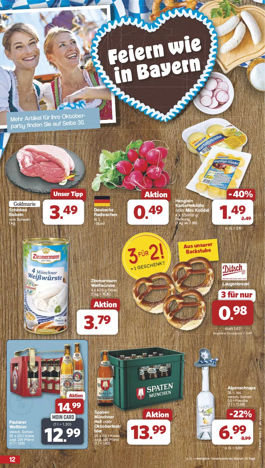 Aktueller Prospekt Famila - Prospekte - von 09.09 bis 14.09.2024 - strona 12 - produkty: bier, brezel, eis, flasche, henglein, kartoffel, Kartoffelklöße, Knödel, Laugenbrezel, Paula, paulaner, radieschen, reis, schinken, schwein, Spaten, stube, Ti, wein, ZTE