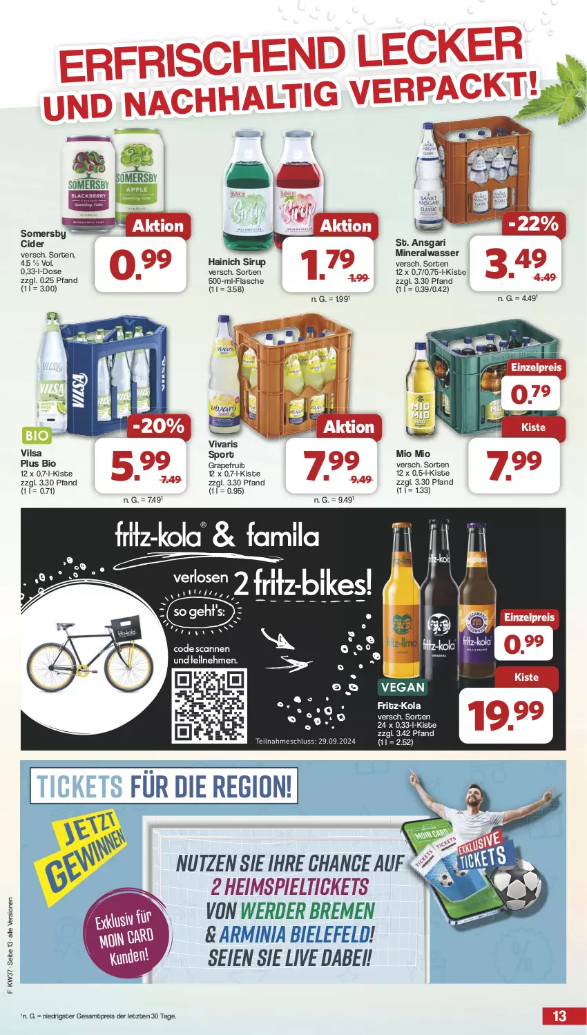 Aktueller Prospekt Famila - Prospekte - von 09.09 bis 14.09.2024 - strona 13 - produkty: Alwa, bio, cider, eis, erde, flasche, fritz, fritz-kola, grapefruit, mineralwasser, Mio Mio, reis, sirup, somersby, Sport, Ti, vilsa, Vivaris, wasser, ZTE