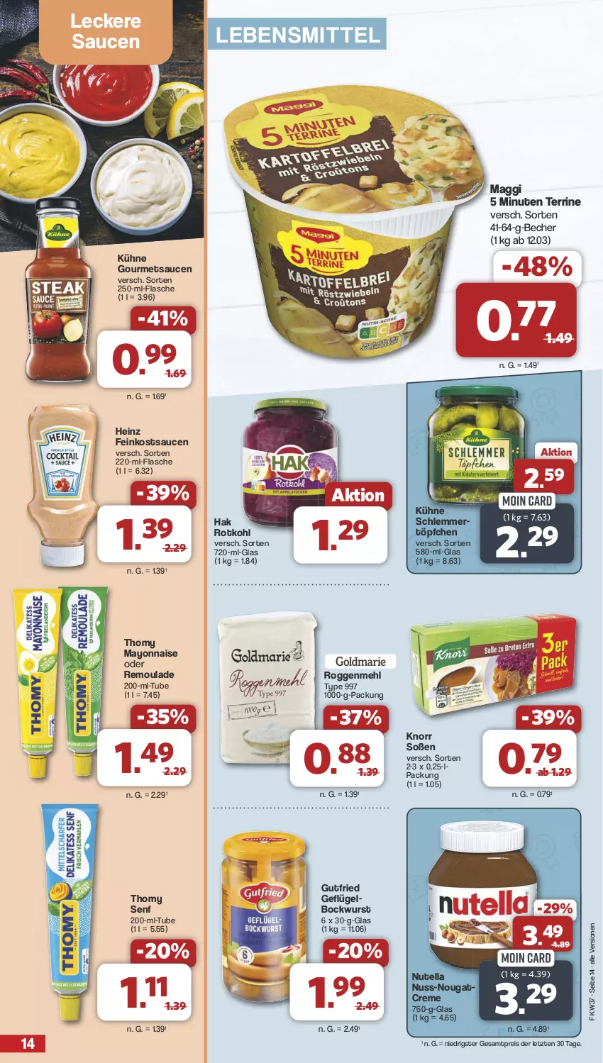 Aktueller Prospekt Famila - Prospekte - von 09.09 bis 14.09.2024 - strona 14 - produkty: Becher, bockwurst, creme, eis, feinkost, flasche, Geflügel, gutfried, heinz, knorr, Kühne, lebensmittel, maggi, mayonnaise, mehl, Nougatcreme, nuss, nutella, reis, remoulade, rotkohl, sauce, saucen, schlemmertöpfchen, senf, Soße, terrine, thomy, Ti, Töpfchen, wurst, Yo, ZTE