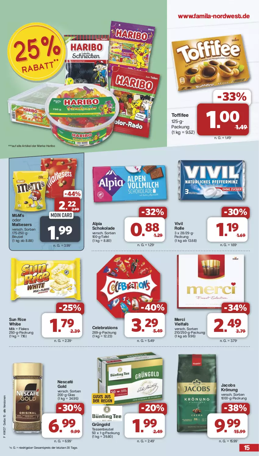 Aktueller Prospekt Famila - Prospekte - von 09.09 bis 14.09.2024 - strona 15 - produkty: alpia, beutel, eis, flakes, haribo, jacobs, jacobs krönung, malteser, merci, Nescafé, nescafé gold, reis, schoko, schokolade, tasse, Ti, toffifee, ZTE