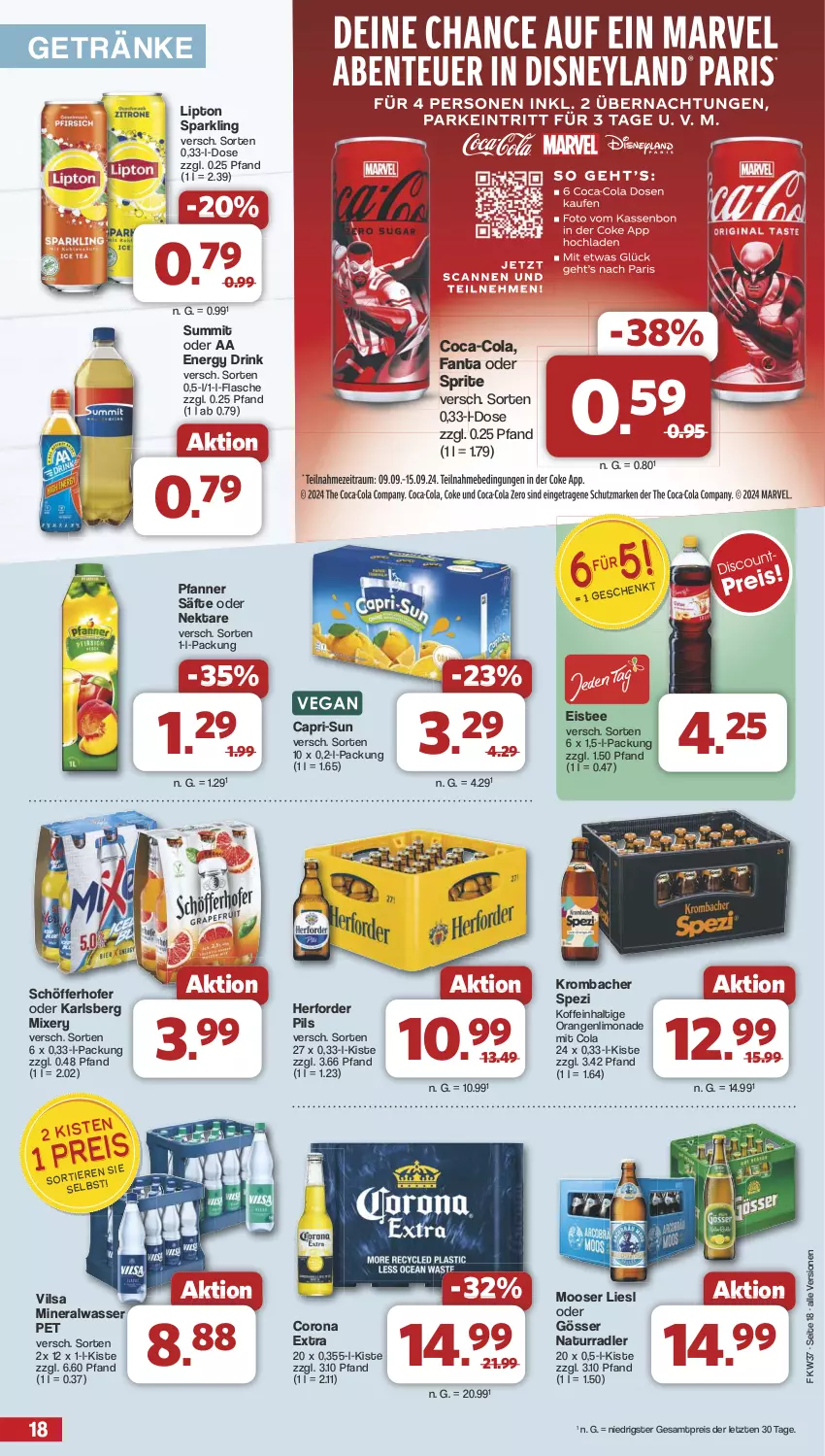 Aktueller Prospekt Famila - Prospekte - von 09.09 bis 14.09.2024 - strona 18 - produkty: Alwa, Cap, capri-sun, coca-cola, cola, corona, corona extra, drink, eis, eistee, energy drink, fanta, fanta oder, fanta oder sprite, flasche, getränk, getränke, gösser, karlsberg, karlsberg mixery, krombache, krombacher, limo, limonade, lipton, mineralwasser, Mixer, mixery, natur, Nektar, oder sprite, orange, orangen, pfanne, Pfanner, pils, radler, reis, säfte, schöfferhofer, Spezi, sprite, tee, Ti, vilsa, wasser, ZTE