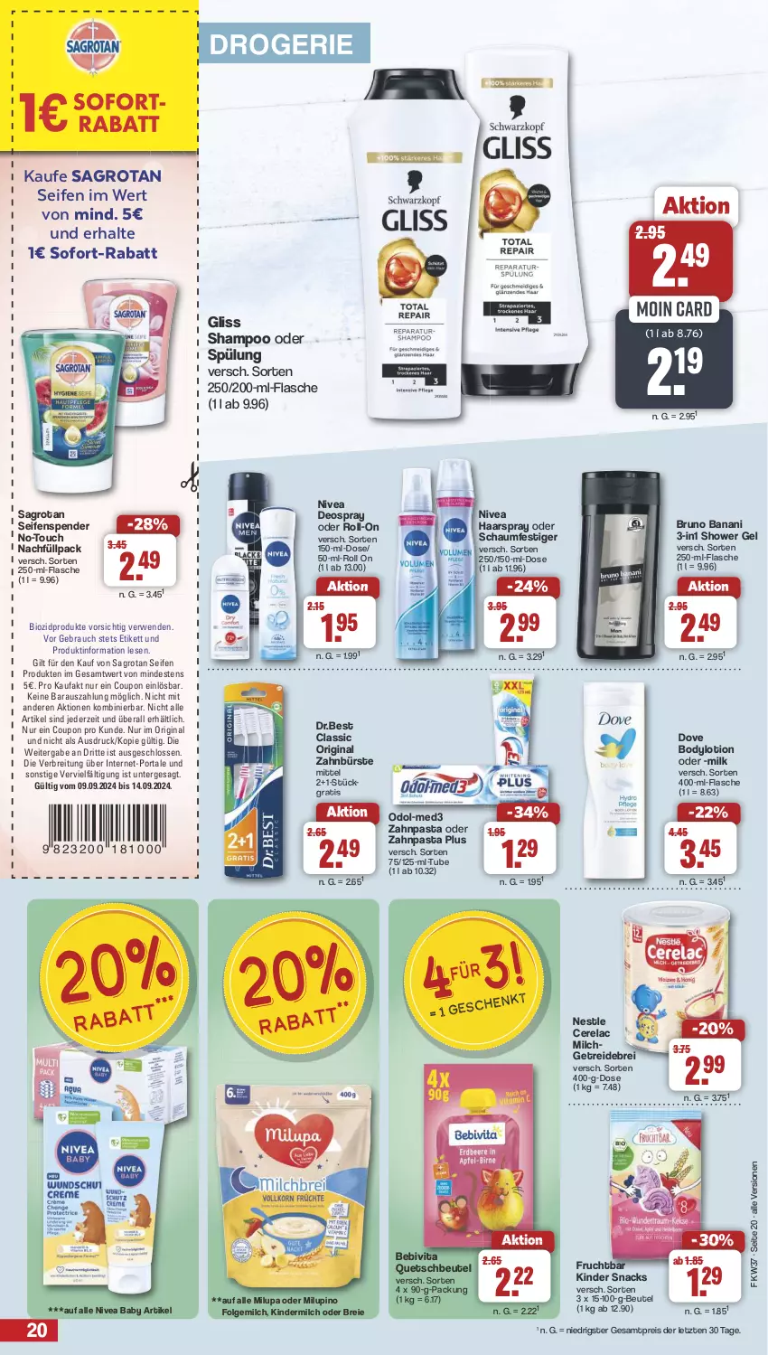 Aktueller Prospekt Famila - Prospekte - von 09.09 bis 14.09.2024 - strona 20 - produkty: bebivita, beutel, bio, biozidprodukte, body, bodylotion, Brei, bruno banani, bürste, coupon, deo, deospray, dove, eis, flasche, folgemilch, frucht, gin, gliss, haarspray, Kinder, kindermilch, LG, Lotion, milch, milupa, nivea, Nivea Baby, oder schaumfestiger, Odol, pasta, quetschbeutel, Rauch, reis, rel, roll-on, rwe, sagrotan, schaumfestiger, Seife, seifenspender, shampoo, shampoo oder spülung, snack, snacks, sofort-rabatt, spülung, Ti, vita, zahnbürste, zahnpasta, ZTE