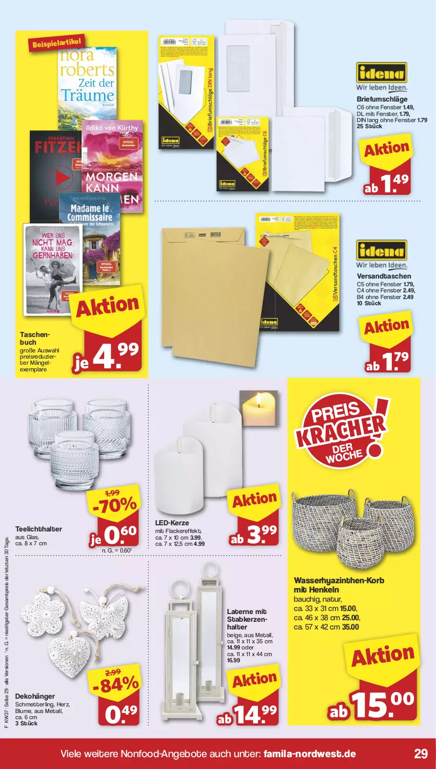 Aktueller Prospekt Famila - Prospekte - von 09.09 bis 14.09.2024 - strona 29 - produkty: angebot, angebote, Bau, blume, brie, buch, Dekohänger, eis, fenster, henkel, kerze, Kerzenhalter, korb, lack, Lacke, laterne, LED-Kerze, Mett, natur, reis, Schmetterling, Stabkerze, Stabkerzenhalter, Tasche, taschen, Taschenbuch, tee, Teelicht, teelichthalter, Ti, wasser, ZTE